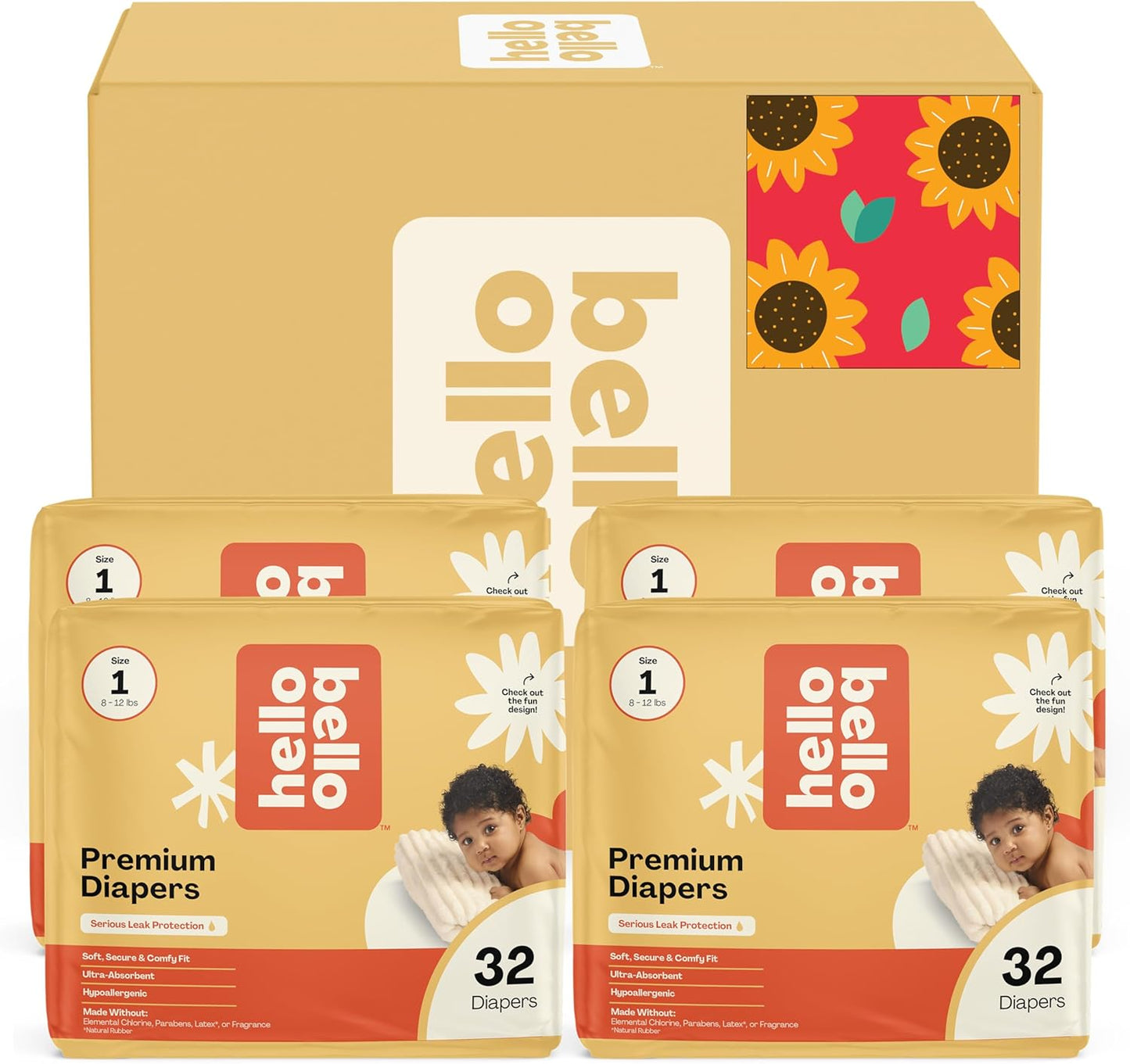 Hello Bello Diapers, Size 1 (8-12 lbs) Flower Child, 128 Count Value Pack of Premium Disposable Baby Diapers, Hypoallergenic with Soft, Cloth-Like Feel