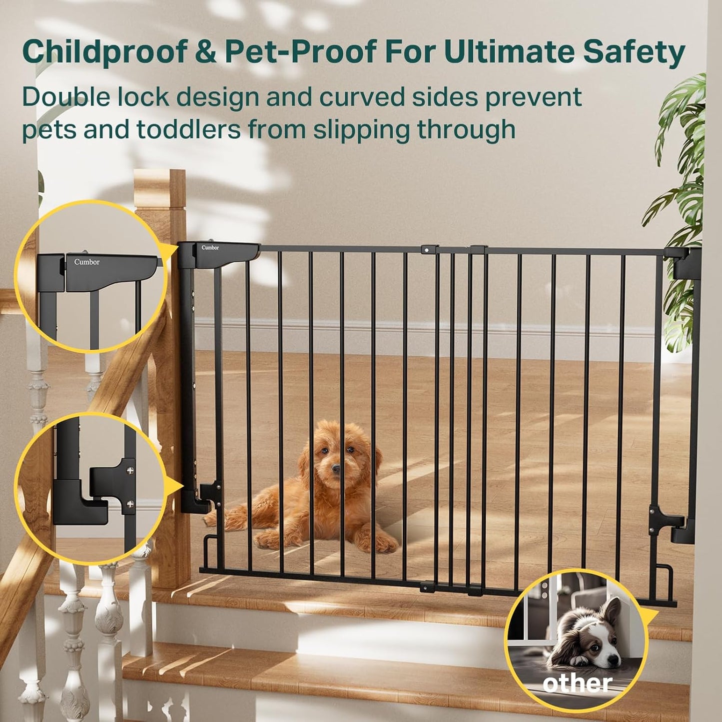 Cumbor 29.2-43" No Bottom Bar Baby Gate for Stairs, 2-in-1 Auto Close Dog Gate Indoor, Hardware Mounted Pet Gate for Doorways with Large Walk Thru Door, Child-Proof Safety Gate for Kids (Black)