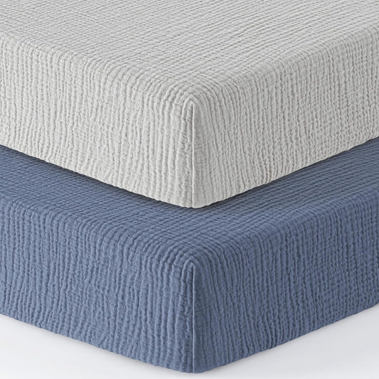 Bearmoss Muslin Mini Crib Sheets for Pack N Play Mattress - 100% Cotton - 38"x24" Soft Breathable Playard Baby Crib Sheets Neutral for Boys Girls - 2 Pack (Blue Elephant)