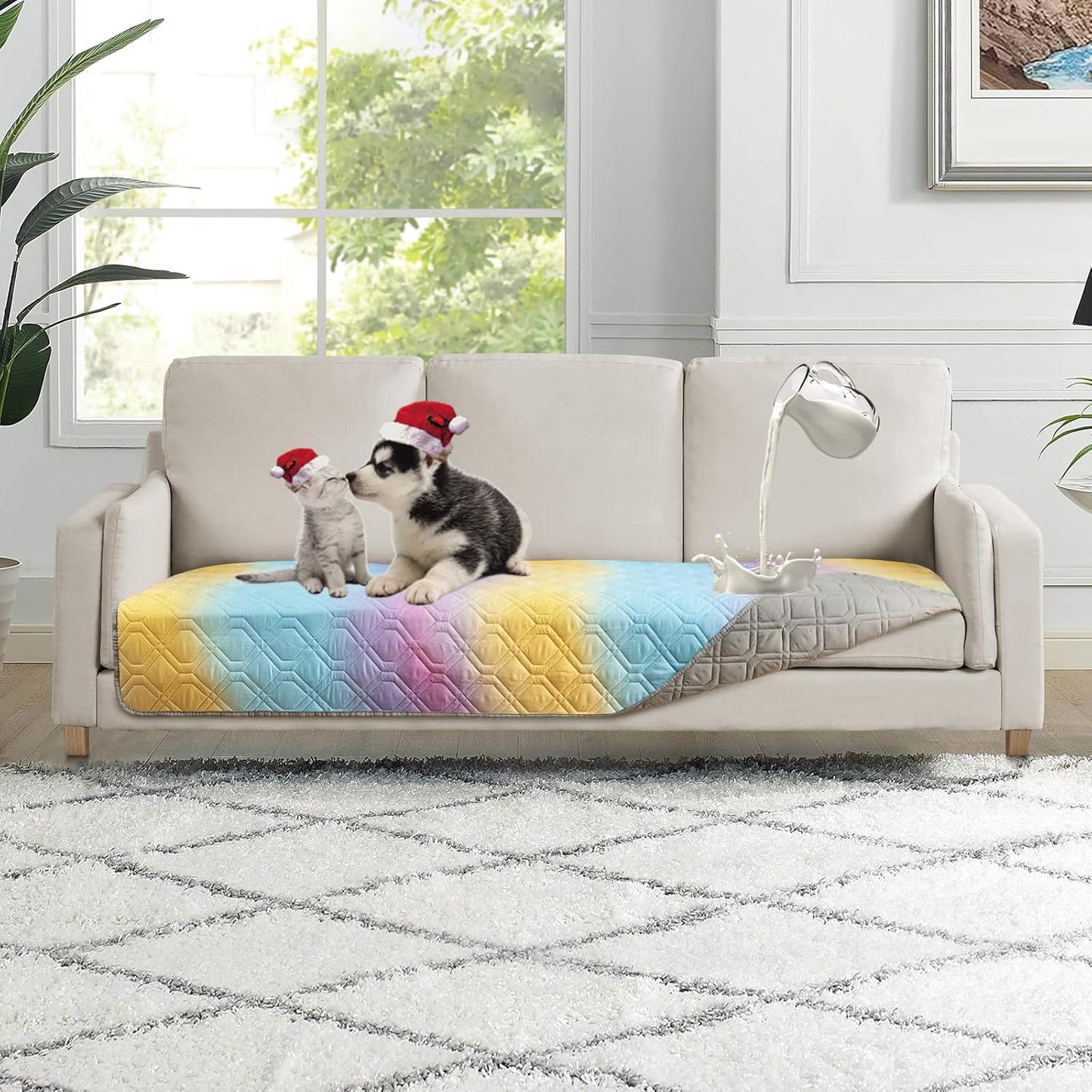 100% Waterproof Dog Bed Cover 30x70 inch Reversible Changing Pad Reusable Camping Mat for Kids/Pet/Dog/Cat Washable Geometric Embroidery Blanket Patchwork Rainbow Ombre Printed+Gray