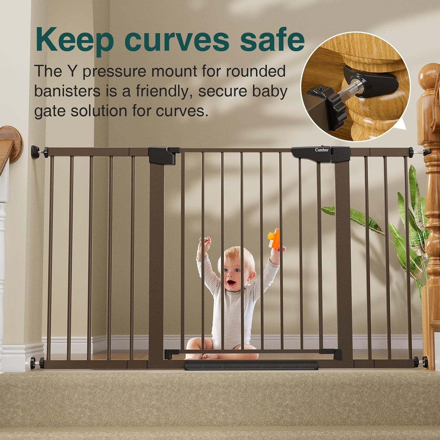 Cumbor 29.7-54.2" Wide Baby Gate for Stairs, Mom's Choice Awards Winner-Self Closing Dog Gate Indoor for Doorways, No Drilling Pressure Mounted Pet Gates for Kids, Easy Walk Through Safety Gate, Brown
