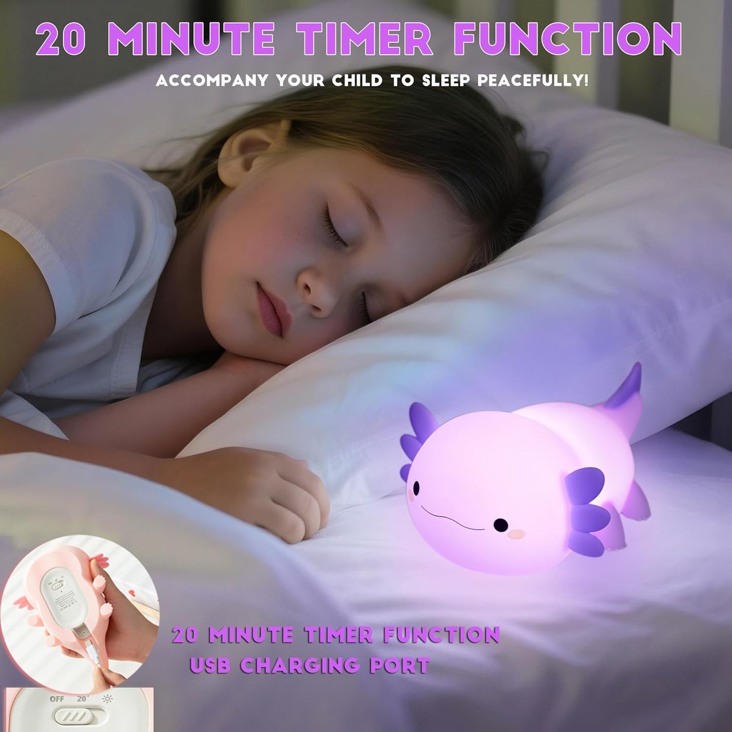 DREAMING MY DREAM Axolotl Night Light for Kids,Cute Axolotl Gifts lamp Rechargeable Light Table Bedside Lamp,LED Animal Silicone Nursery Night Lamp Cute Room Decor for Kids Girls Boys