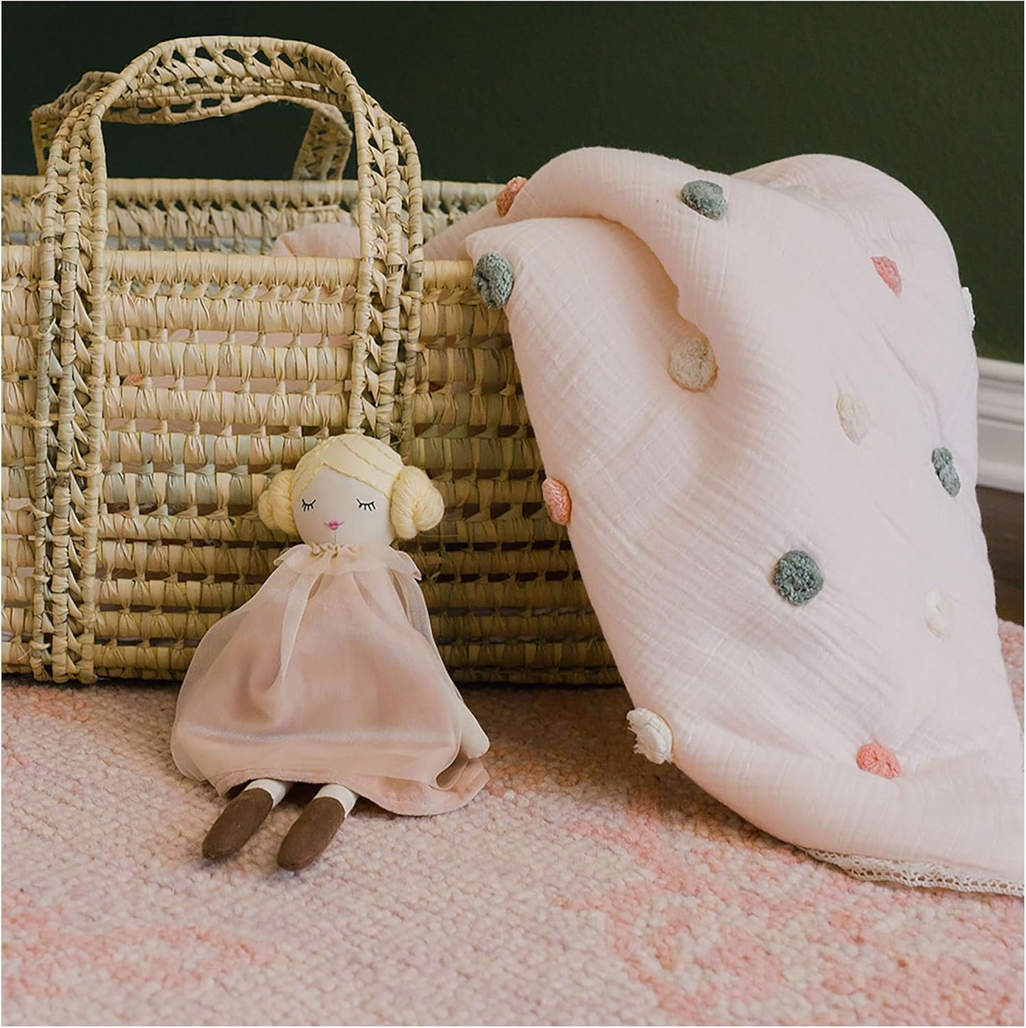 Crane Baby Soft Cotton Muslin Nursery Blanket with Pom Pom Trim, 36" X 36", Stroller Blanket for Girls, Pink Nursery Decor, for Girls, 100% Cotton, Polka Dot