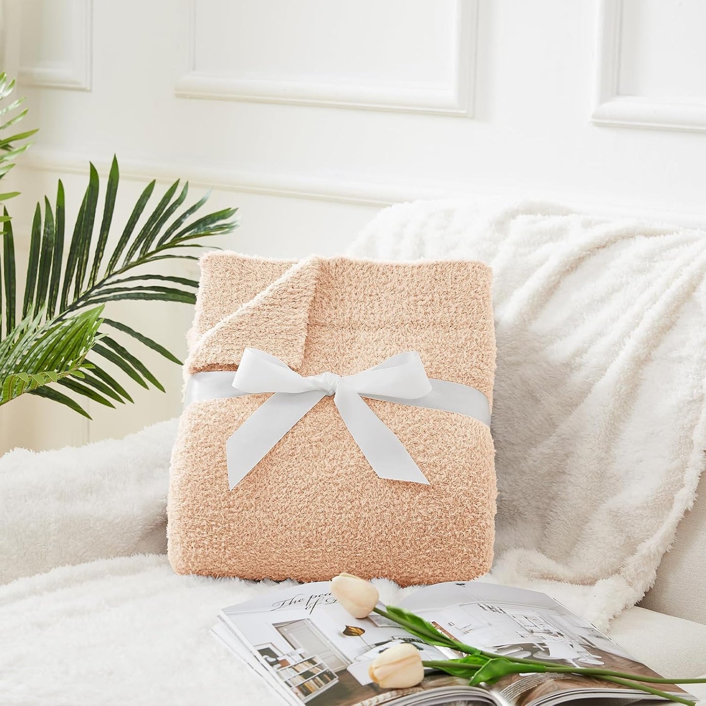 CYMULA Knit Throw Blanket for Peach Pink - Super Soft Lightweight Plush Fuzzy Fluffy Cozy Blankets and Throws for Sofa Bed, 60 x 80 inches