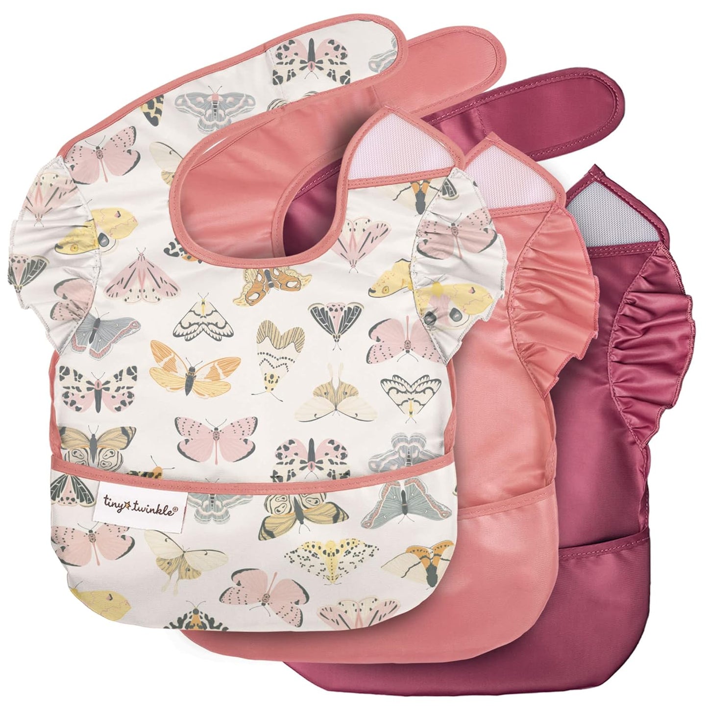 Tiny Twinkle Mess Proof Baby Bibs for Eating - Waterproof, Wipeable Bibs - Toddler Bibs - Travel Friendly - PFAS, PVC, BPA, Phthalate Free - Baby Food Bibs(3 Pack,Flutter)