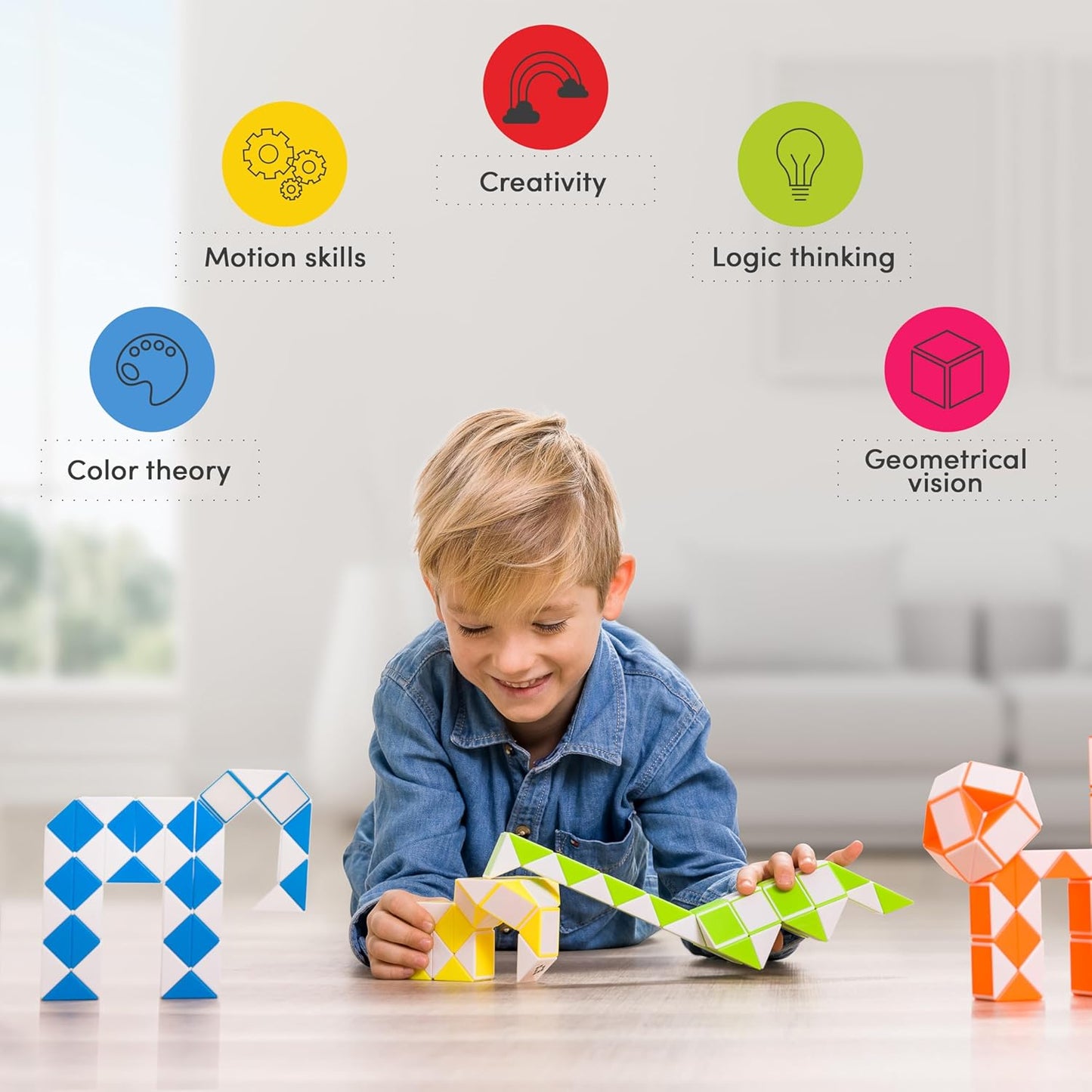 CUBIDI® Magic Snake Cube | Fidget Snake Toy for Kids | Travel Toys for Kids Ages 4-8 | Great Gift for Boys and Girls Birthday, Christmas, Stocking Stuffers - 48 Blocks | 0.9 inch x 0.7 inch | Red