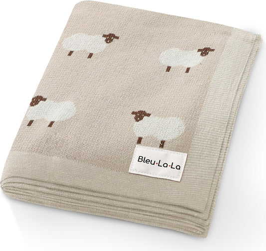 Baby Swaddle Blanket - 100% Luxury Cotton Knit Soft Cozy Lightweight Unisex Receiving Crib Stroller Quilt Blanket for Shower Gift Registry for Newborns Infants Toddlers (Sheep - Khaki)