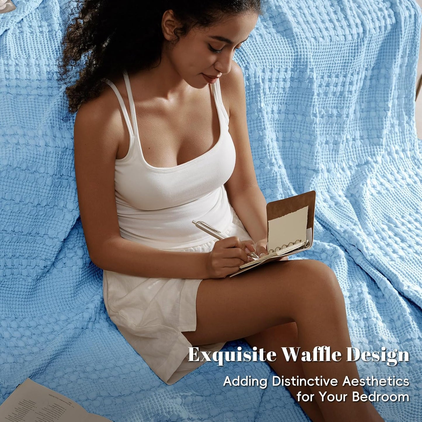 PHF 100% Cotton Waffle Weave Blanket Queen Size, Soft Lightweight Breathable Cozy Summer Blankets for Bed, Luxury Aesthetic Woven Bedding for Home Decor, 90"x90", Sky Blue