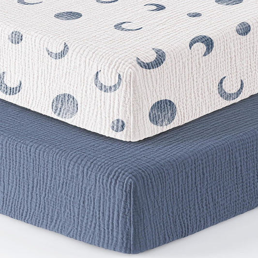 Bearmoss Muslin Mini Crib Sheets for Pack N Play Mattress - 100% Cotton - 38"x24" Soft Breathable Playard Baby Crib Sheets Neutral for Boys Girls - 2 Pack (Blue Crescent)