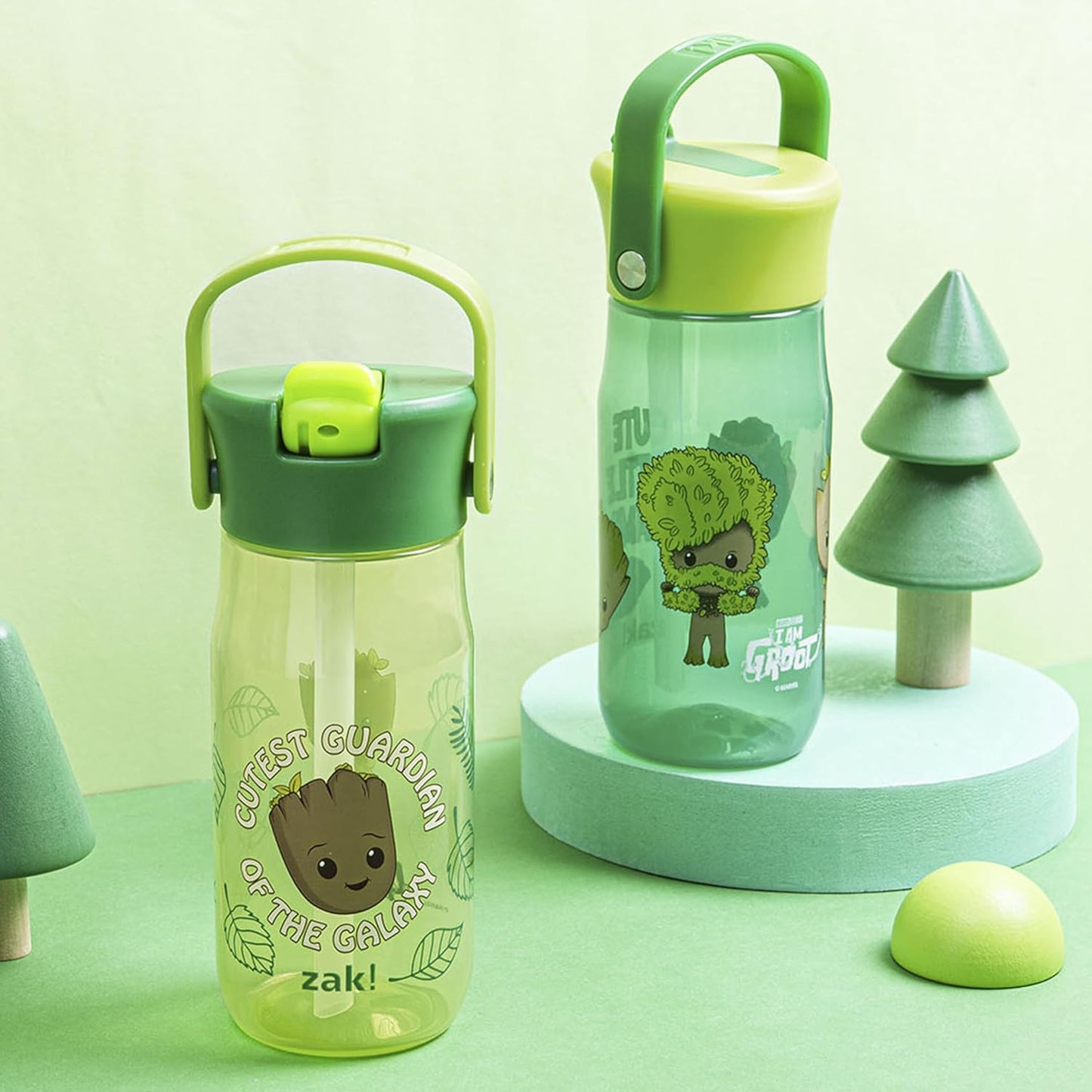 Zak Designs Harmony Marvel Groot Water Bottle for Travel or At Home, 18oz Recycled Plastic is Leak-Proof When Closed with Straw Lid and Carry Handle, 2-Pack (Groot)