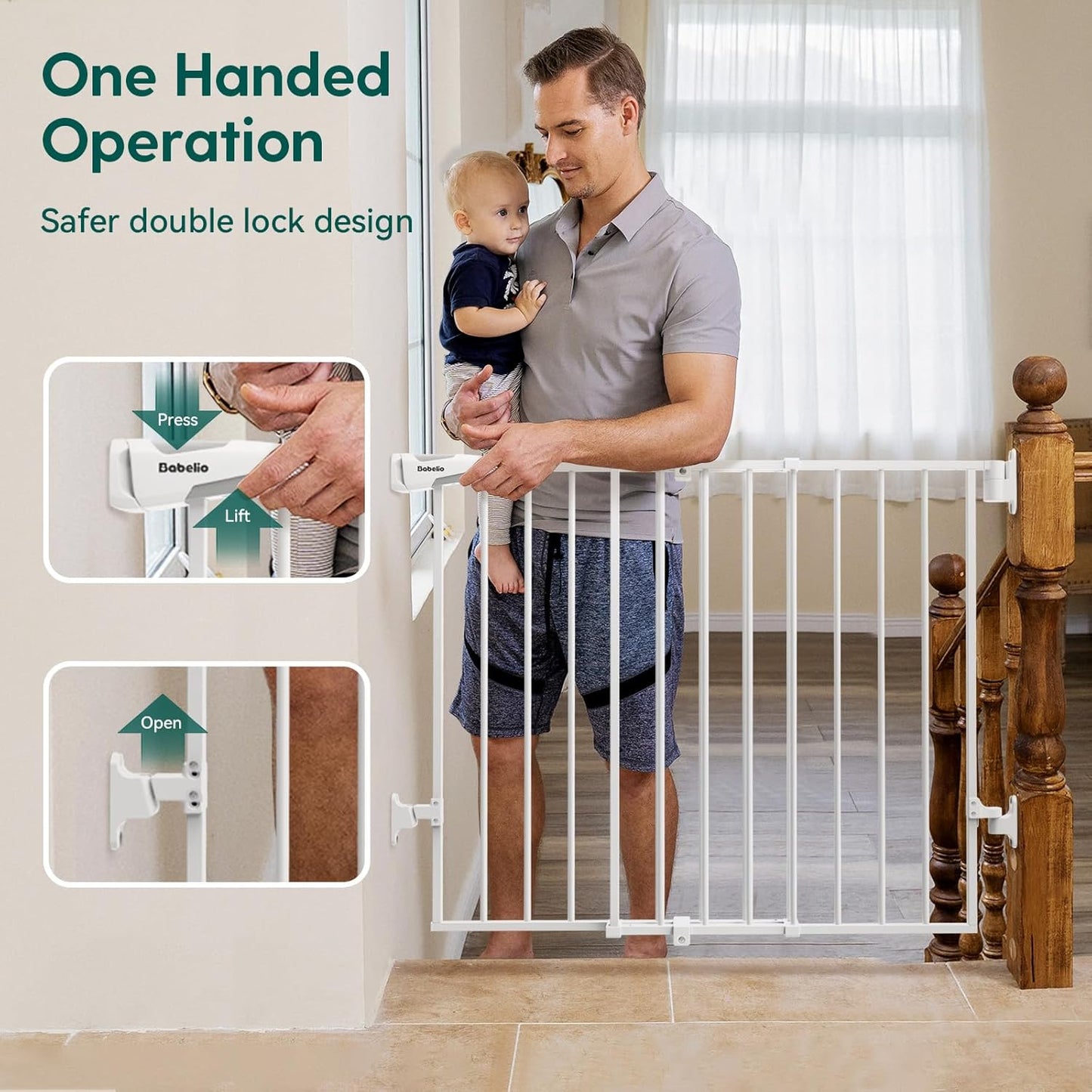 Babelio 26-43" No Bottom Bar Baby Gate for Babies, Elders and Pets, 2-in-1 Hardware Mount Dog Gate for The House, Stairs and Doorways, with Large Walk Thru Door, White
