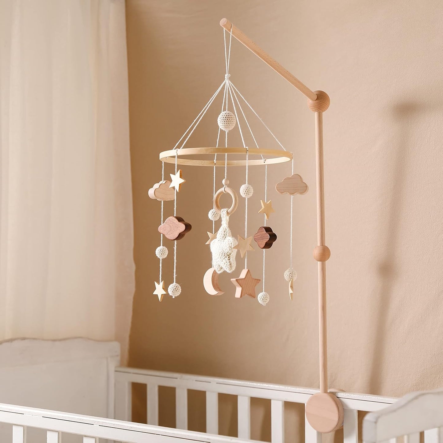 Baby Crib Mobile for Boys Girls| Boho Nursery Mobile| Gender Neutral Hand-Crocheted Mobile| Ceiling Mobile - Stars, Clouds, Moon