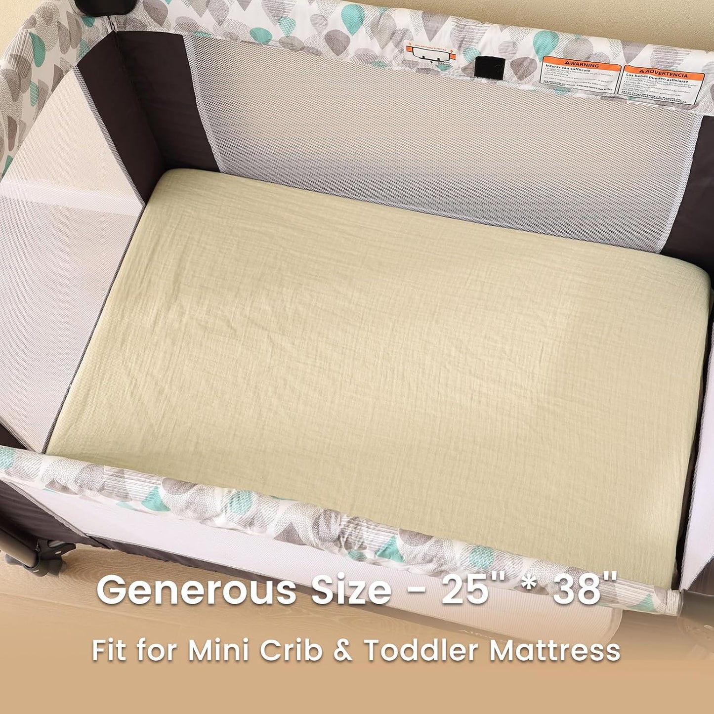 david's kids Muslin Mini Crib Sheets, 2 Pack Cotton Pack N Play Sheets for Boys Girls Neutral, Soft Breathable Baby Sheets Fit Pack N Play, Playard and Mini Crib Mattresses, Beige & Ginger