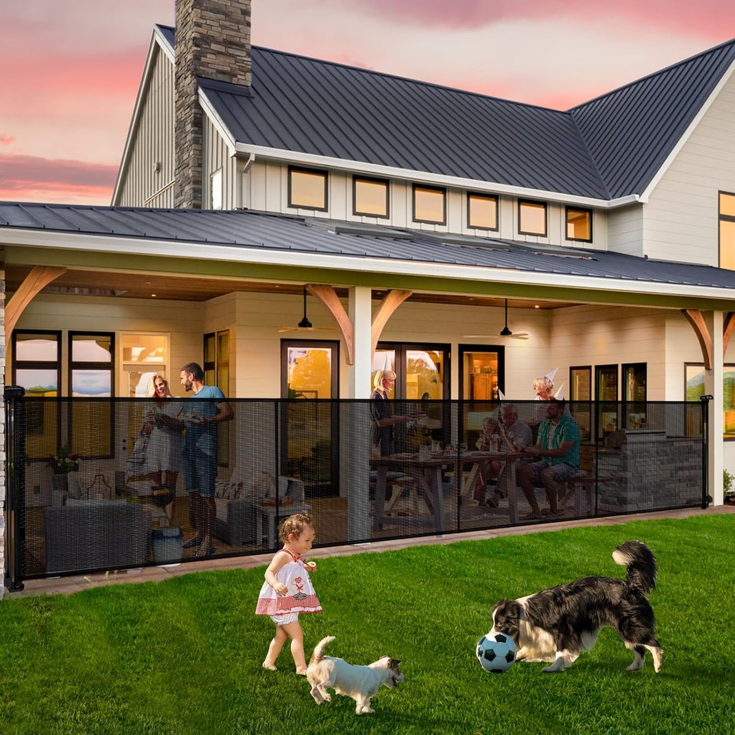Retractable Baby Gates - 200" Extra Wide Retractable Dog Gate, 42" Extra Tall Mesh Gate Pet Gate with Support Rods, Long Child Safety Gate for Stairs Doorways Indoor Outdoor Large Openings - Black