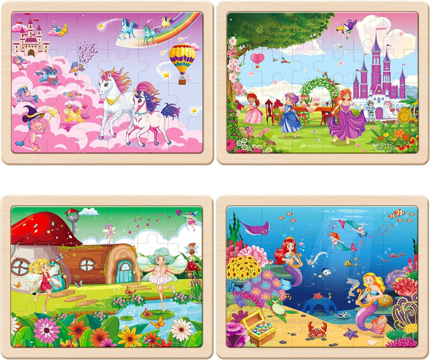 SYNARRY Large Unicorn Mermaid Princess Fairy Wooden Kids Puzzles 4 in 1 Gift Box(12.2 * 9.4 in) - FSC Certified, Wood Puzzles for Kids Ages 4-6, Toys Gifts for 3 4 5 Year Old Toddlers Girls