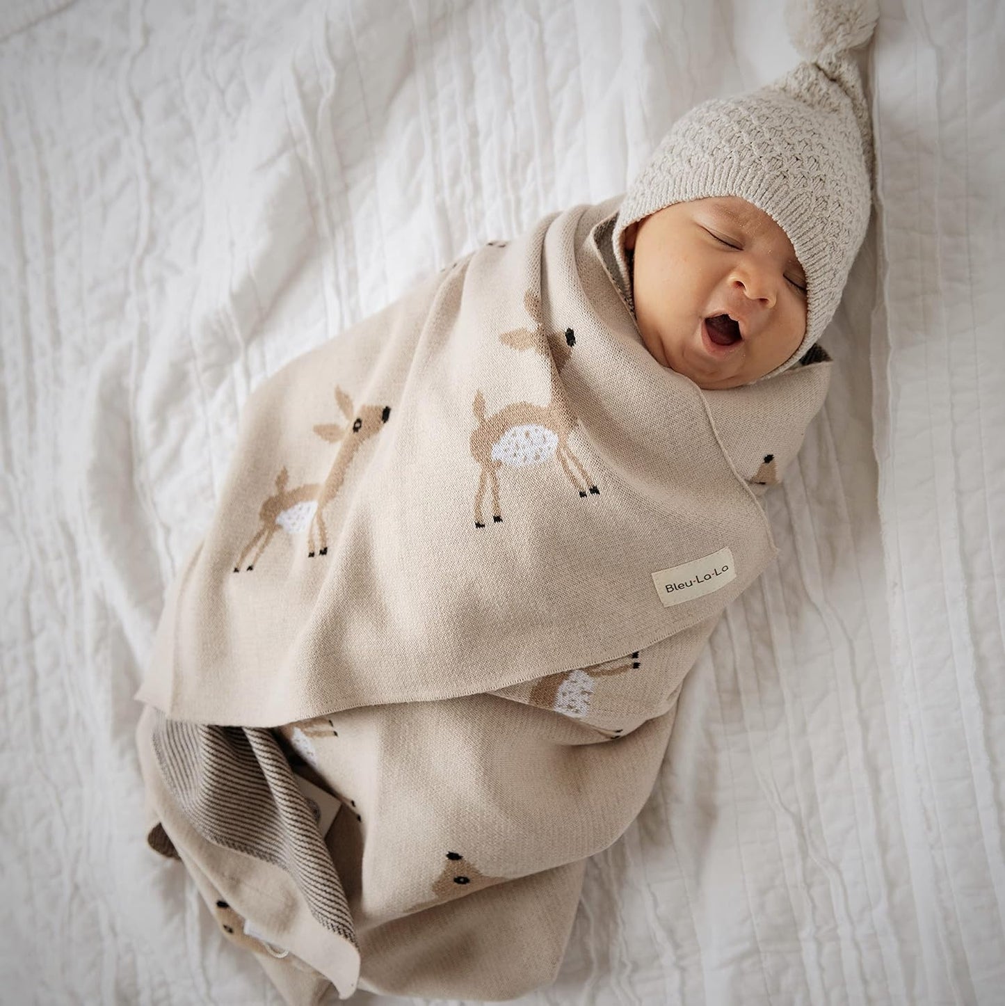 Knit Baby Swaddle Blanket - 100% Cotton Soft Cozy Receiving Swaddling Crib Stroller Blanket Quilt for Shower Gift Registry for Newborns Infants Toddlers Gender Neutral (Deer - Taupe)