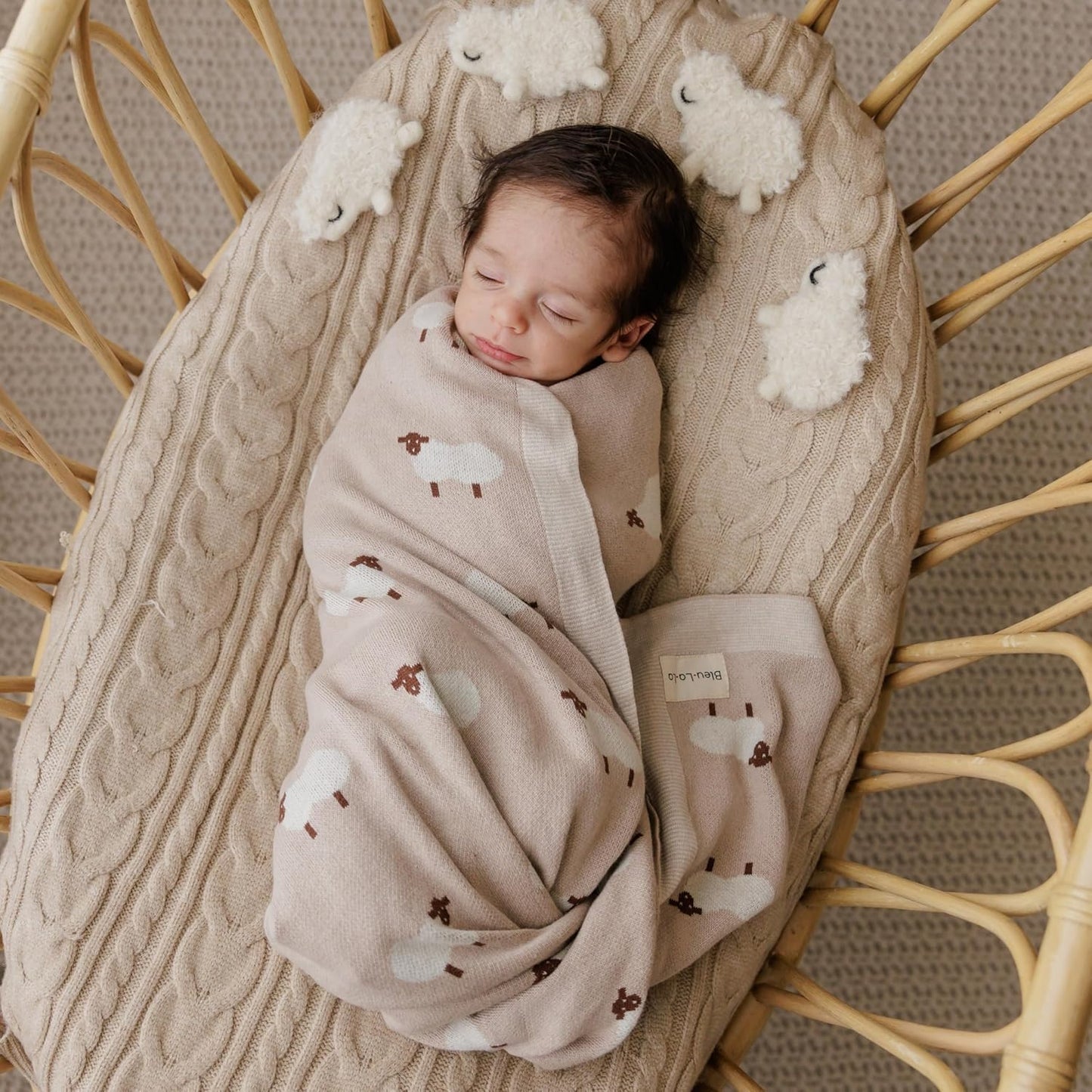 Knit Baby Swaddle Blanket for Boys - 100% Cotton Soft Cozy Lightweight Receiving Swaddling Crib Stroller Quilt Blanket for Newborns Infants Toddlers (Sheep - Baby Blue)