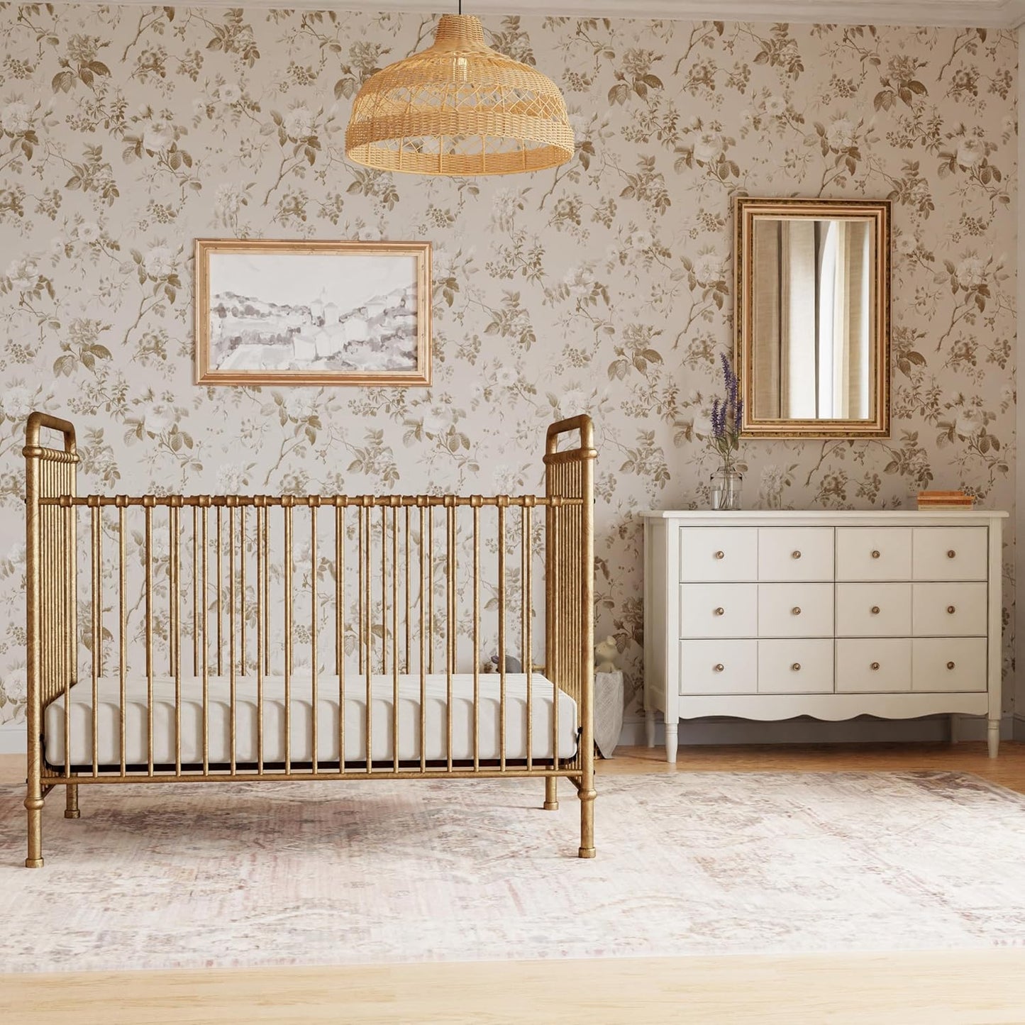 NAMESAKE Abigail 3-in-1 Convertible Baby Crib (Gold) - GREENGUARD Gold Certified - Convertible Crib to Toddler Bed and Daybed - Baby Bed w/ 4 Adjustable Heights - Vintage Baby Crib Convertible
