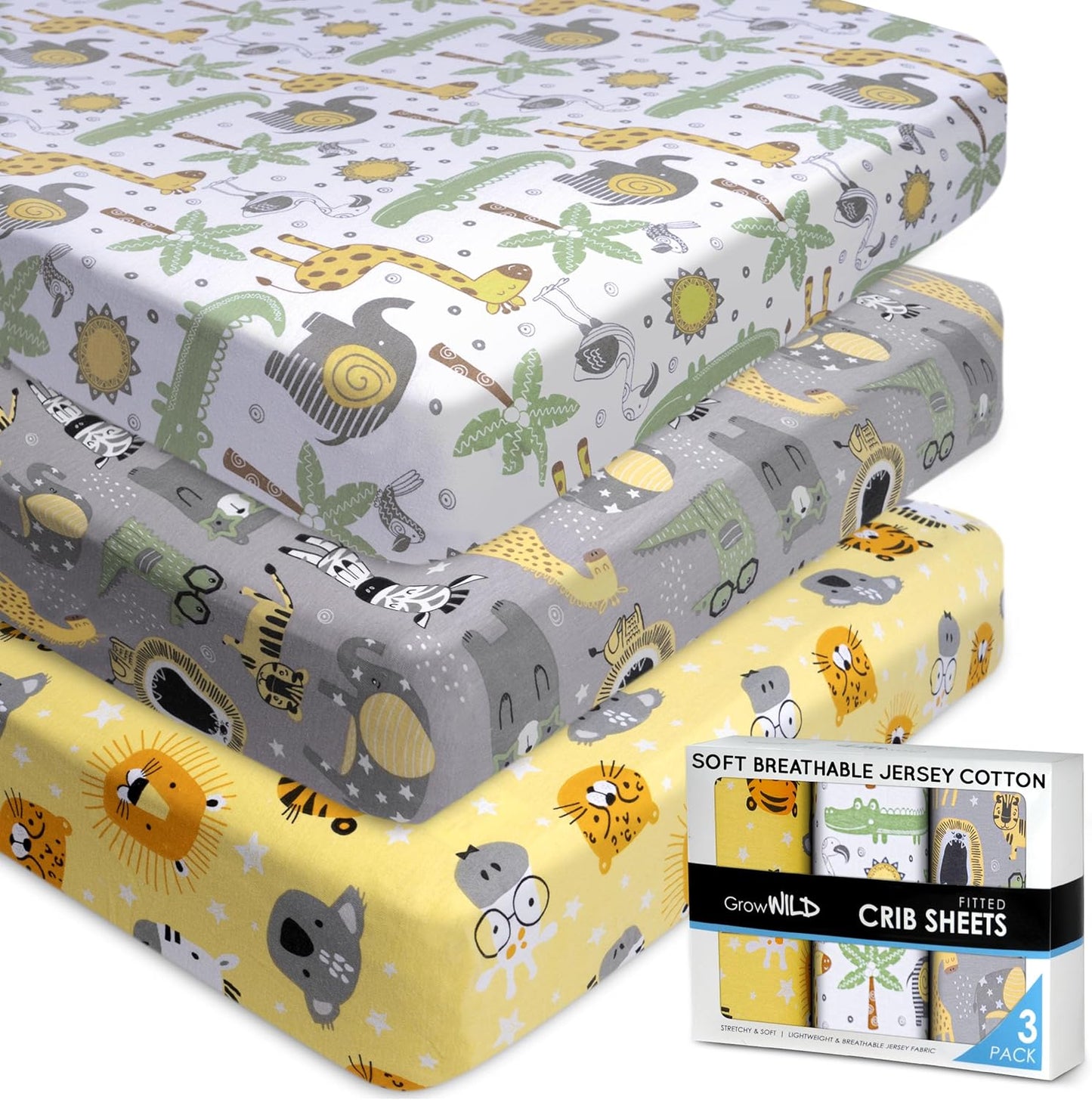 Fitted Nautical Crib Sheets (3 Pack) by GROW WILD - Jersey Knit Cotton Crib Sheet for Boys, Toddler Bed Mattress & Baby Boy Crib Bedding Set, 52” x 28” x 9” Crib Sheets (Safari Animals)
