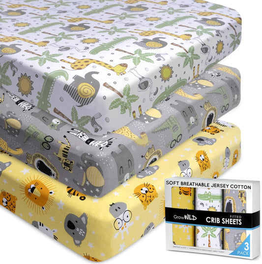 Fitted Nautical Crib Sheets (3 Pack) by GROW WILD - Jersey Knit Cotton Crib Sheet for Boys, Toddler Bed Mattress & Baby Boy Crib Bedding Set, 52” x 28” x 9” Crib Sheets (Safari Animals)