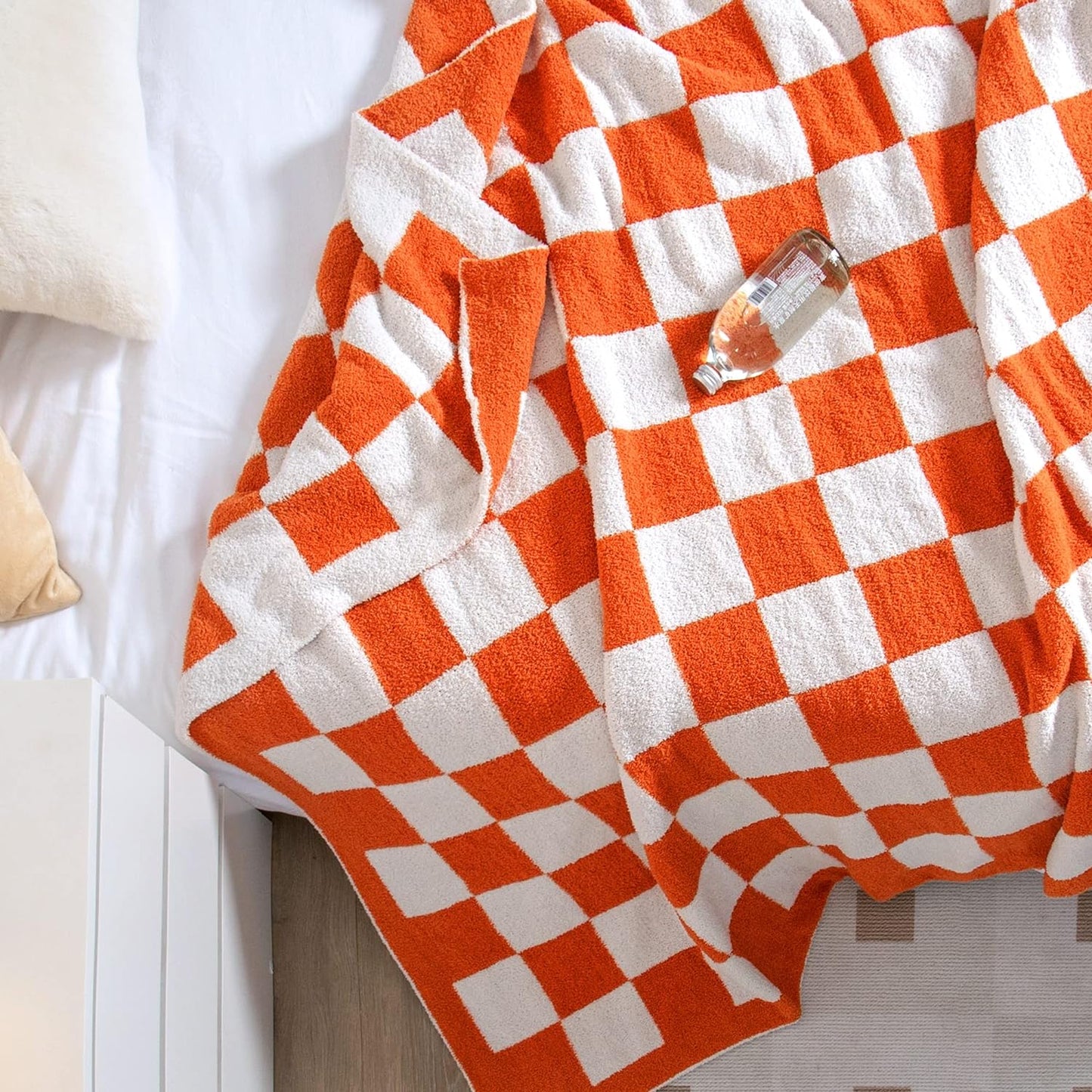 SeaRoomy CheckeredThrow Blanket, Soft Fluffy Microfiber Knit Throw Blanket for Couch Bed, Warm Cozy Reversible Checkerboard Knitted Blanket Room Decor(Burnt Orange, 51"×63")