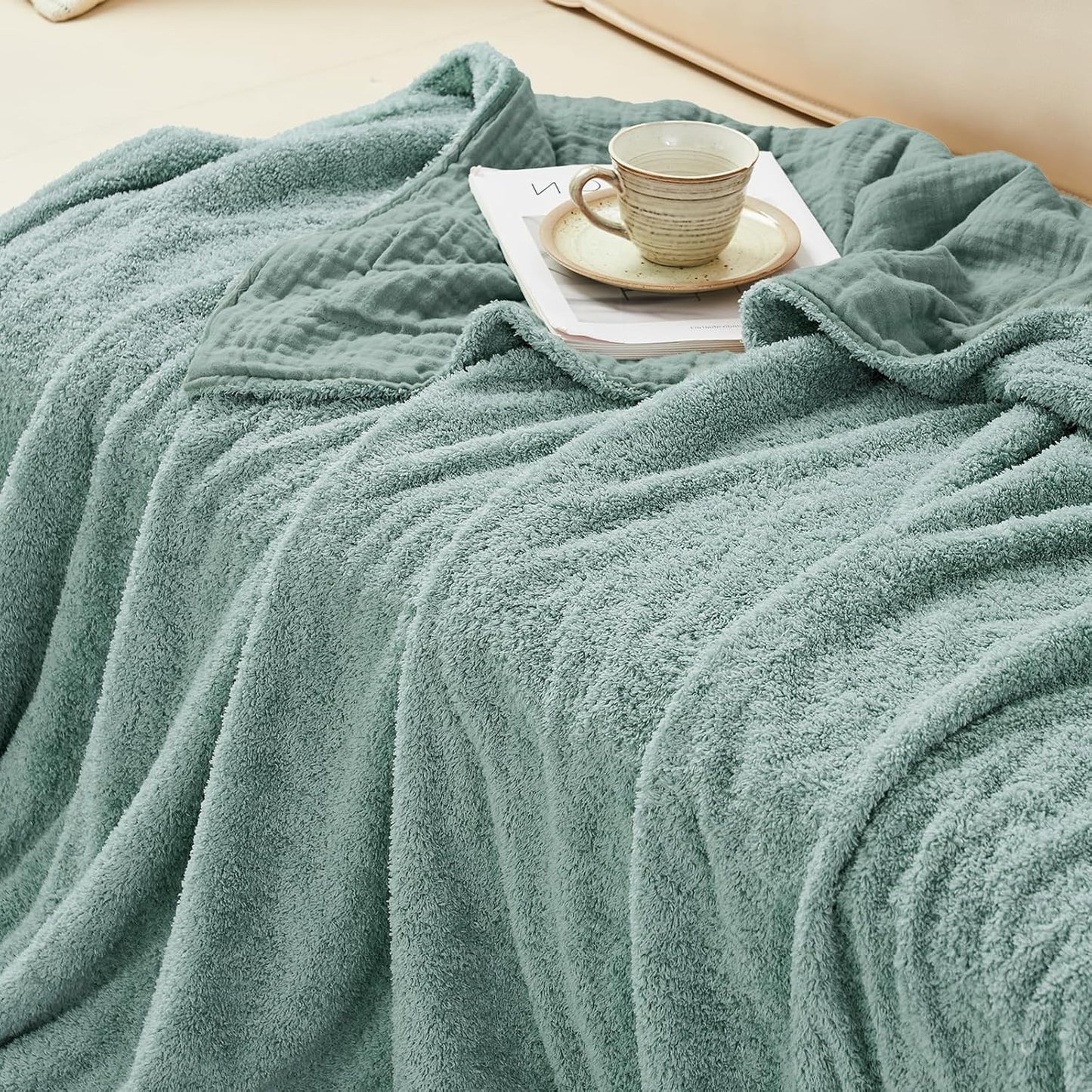 EMME Muslin and Fleece Throw Blanket Reversible - 50"*60" Teal Soft Warm Throw Blankets for Couch Bed Picnic Travel Bed