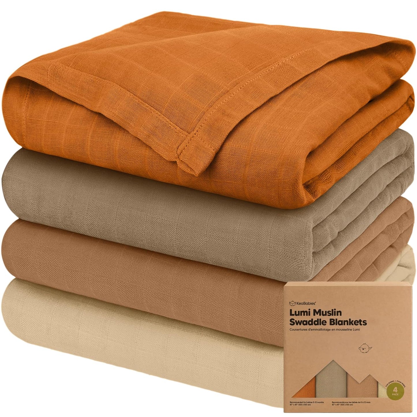 4-Pack Muslin Swaddle Blankets for Boys, Girls - Organic Baby Swaddles for Newborns, Soft & Breathable Receiving Baby Blankets for Girl, Boy, Neutral, Newborn Essentials Gift (Spice)