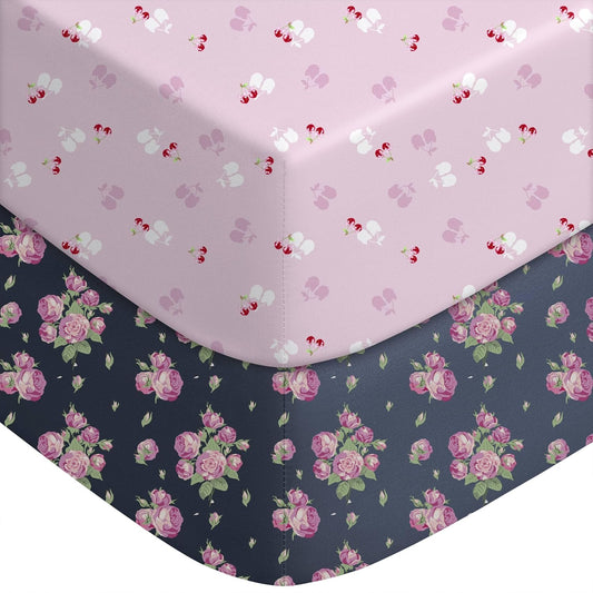 Yoofoss Pack and Play Sheets Fitted, Mini Crib Sheets 2-Pack for Pack N Play Mattress, Stretchy Playard Sheet, Soft and Breathable (Pink+Cherry)