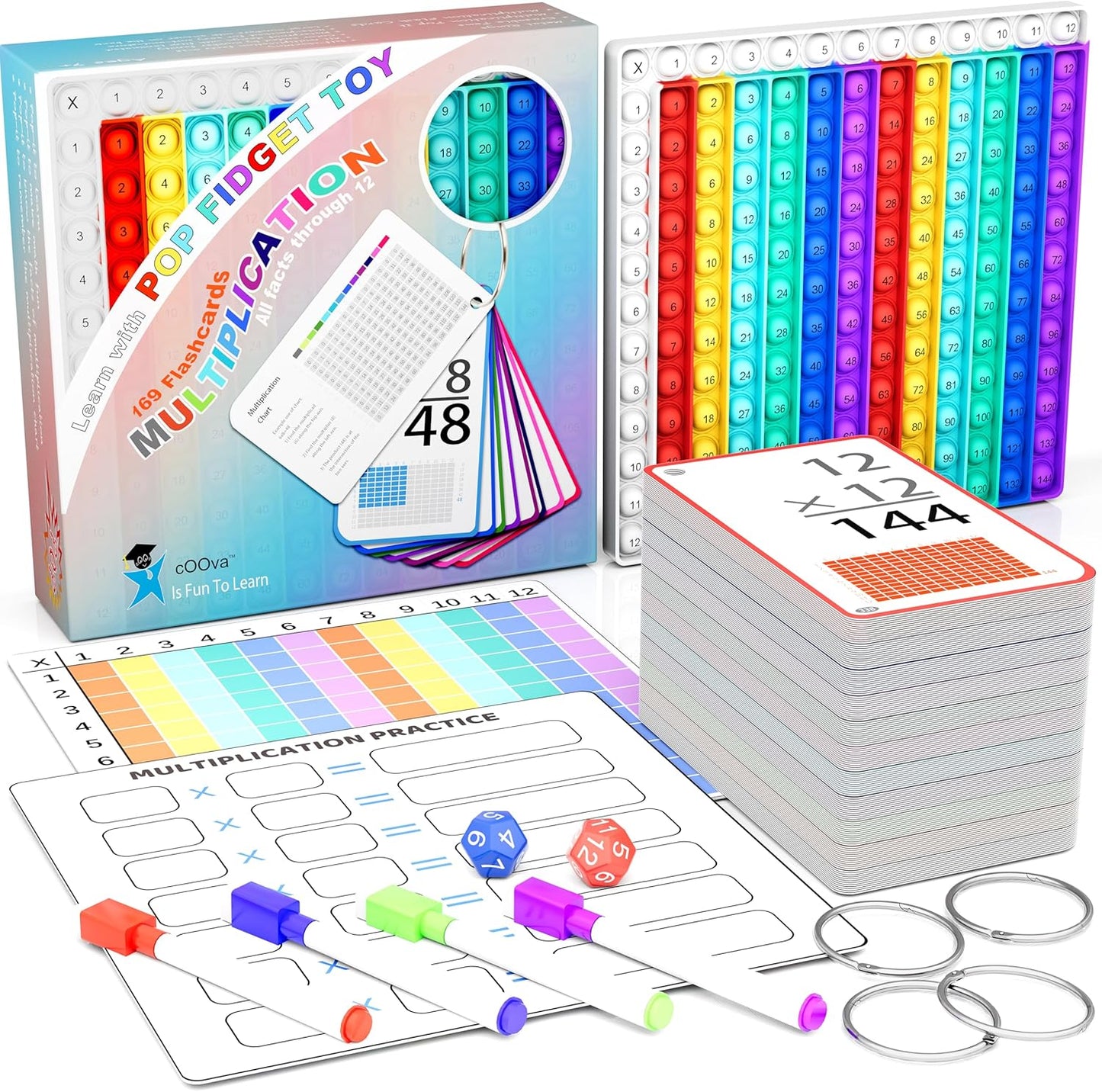 COOVA Multiplication Flash Cards + Multiplication Chart - Math Manipulatives Fact Cards - Mutiplication Game Flashcards - Times Table Multiplication Flash Cards 3rd Grade, 4th, 5th, 6th Grade