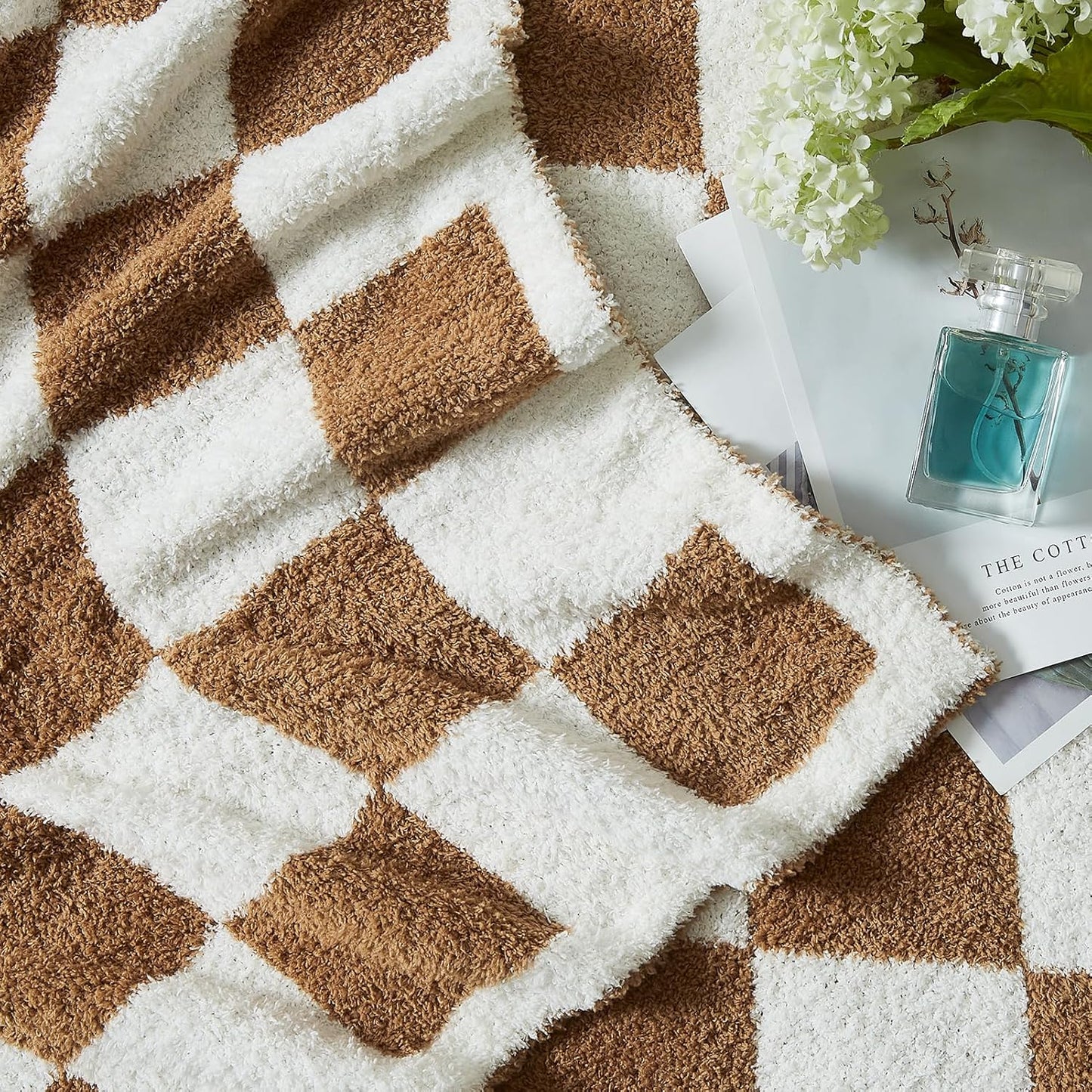 WRENSONGE Checkered Throw Blanket, Burnt Orange Soft Cozy Fluffy Warm Hand Made Throw Blankets for Couch, Sofa, Chair, Bed, Camping, Picnic, Travel Lightweight Bed Blanket - 50"*70"