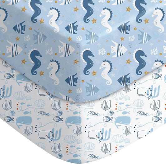 Yoofoss Baby Pack and Play Sheets 2 Pack for Boys and Girls - 38x26 Mini Crib Sheets Fitted Neutral Compatible with Graco Pack n Play Mattress,Ultra Soft Breathable Microfiber Underwater World