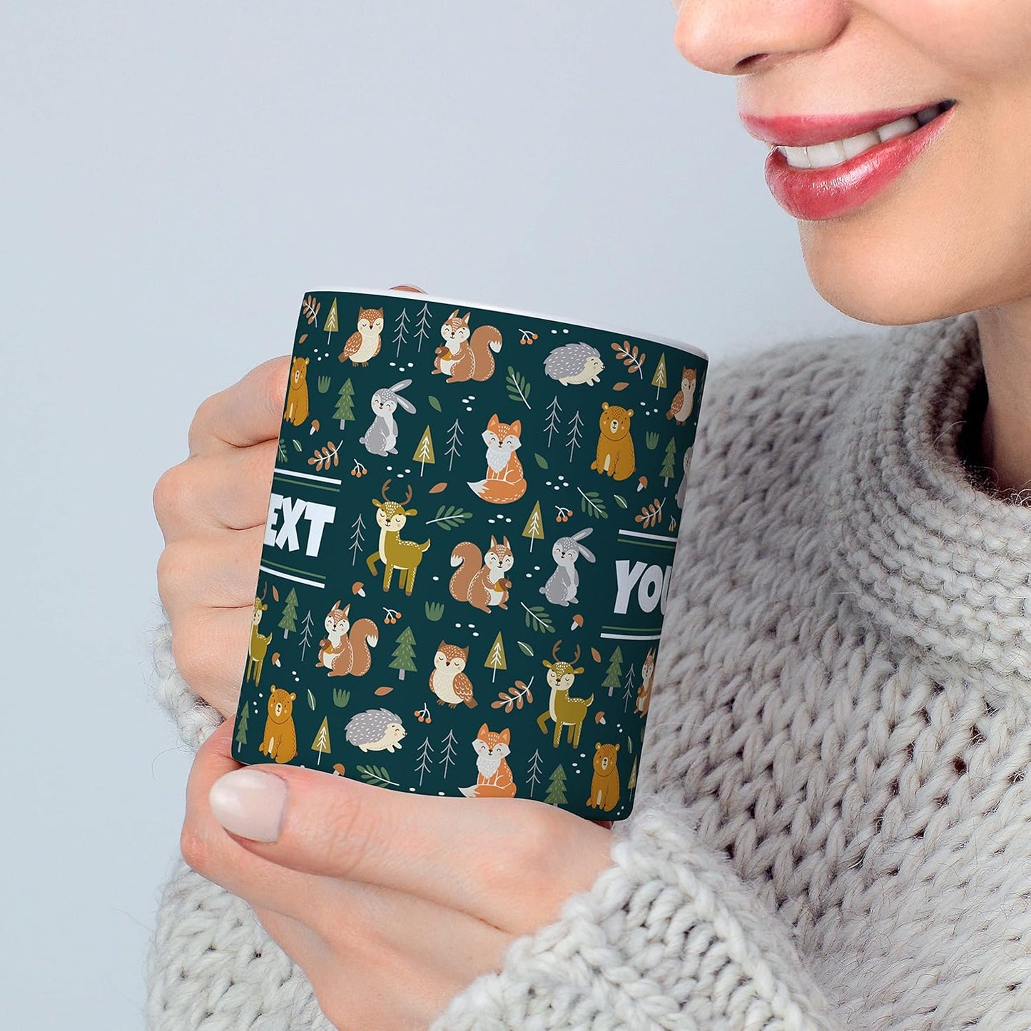 Personalized Mug for Kids - Woodland Animals - Custom Name/Text, Ceramic Hot Chocolate/Coffee Cup for Boys/Girls, Birthday/Christmas/Holiday Gift - 11 oz, Navy Blue Handle