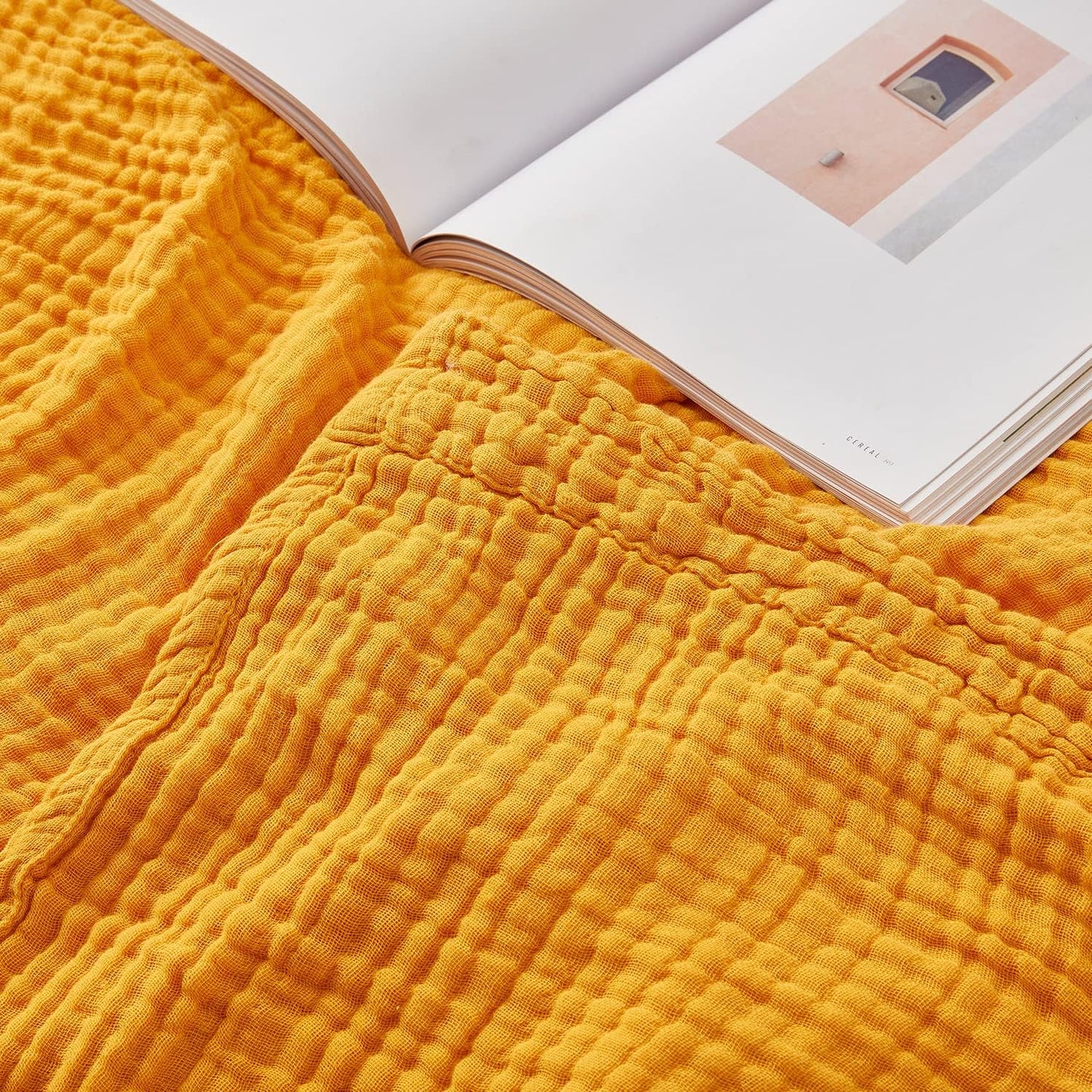 EMME Cotton Blanket Queen Size for Bed Soft Large Muslin Bed Blankets 90"x90" Lightweight Breathable All Season Gauze Blanket, Mustard Yellow