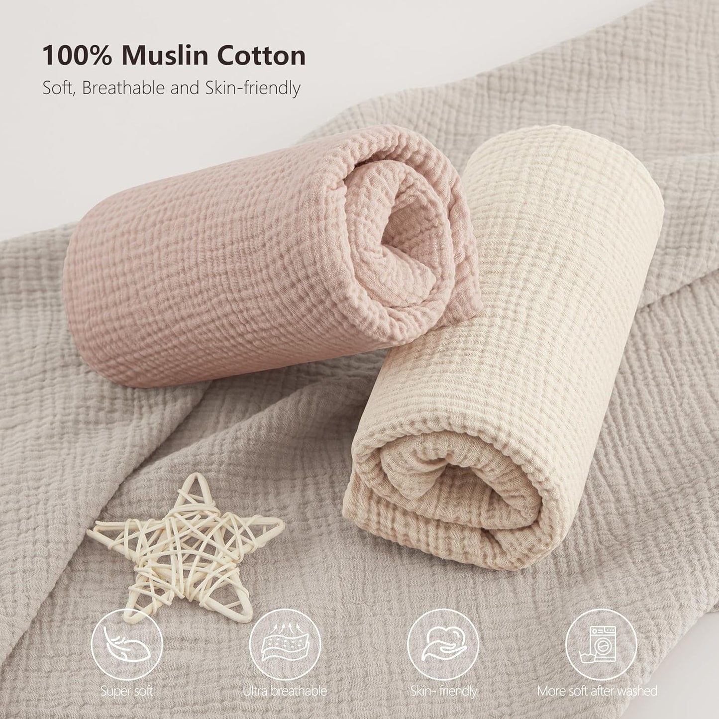 Bearmoss Muslin Crib Sheets 100% Cotton Baby Crib Sheets Fitted for Standard Crib Mattress & Toddler Bed Mattress 52"x28" Soft Breathable Crib Sheet Neutral for Boys Girls - 2 Pack (Baby Face)