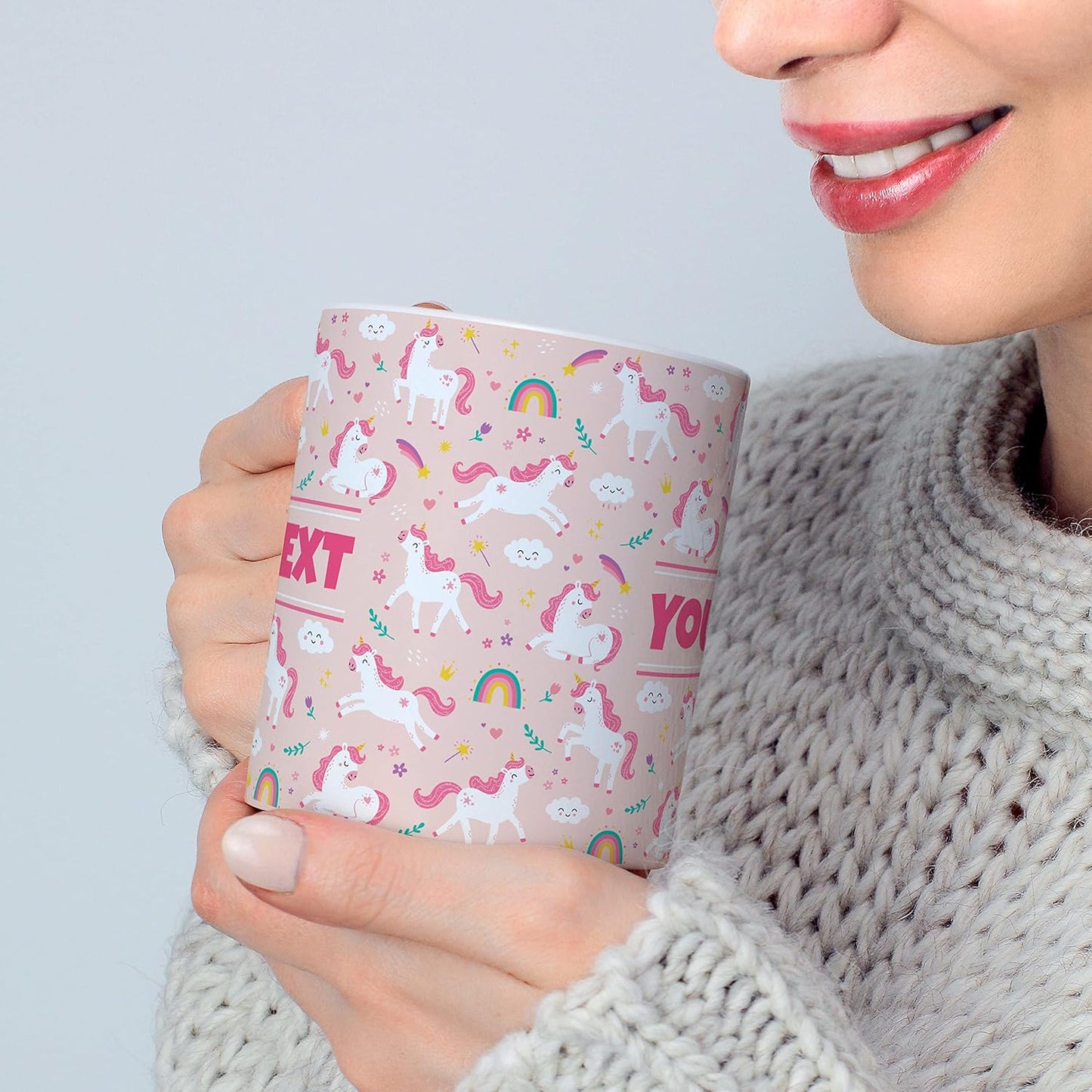 Personalized Mug for Kids - Pink Unicorn - Custom Name/Text, Ceramic Hot Chocolate/Cocoa/Coffee Cup for Girls, Birthday/Christmas/Holiday Gift - 15 oz, Red Handle