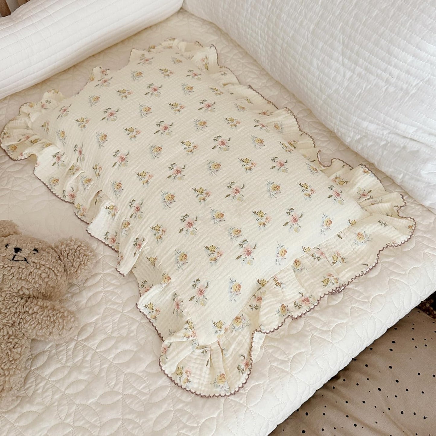 BuLuTu Double Layers Muslin Cotton Pillowcase King Size Vintage Floral Print Pillow Case Teens Girls Women Ruffled Pillow Cover, Envelope Closure, 20x36 inch, 1 Piece, Azalea