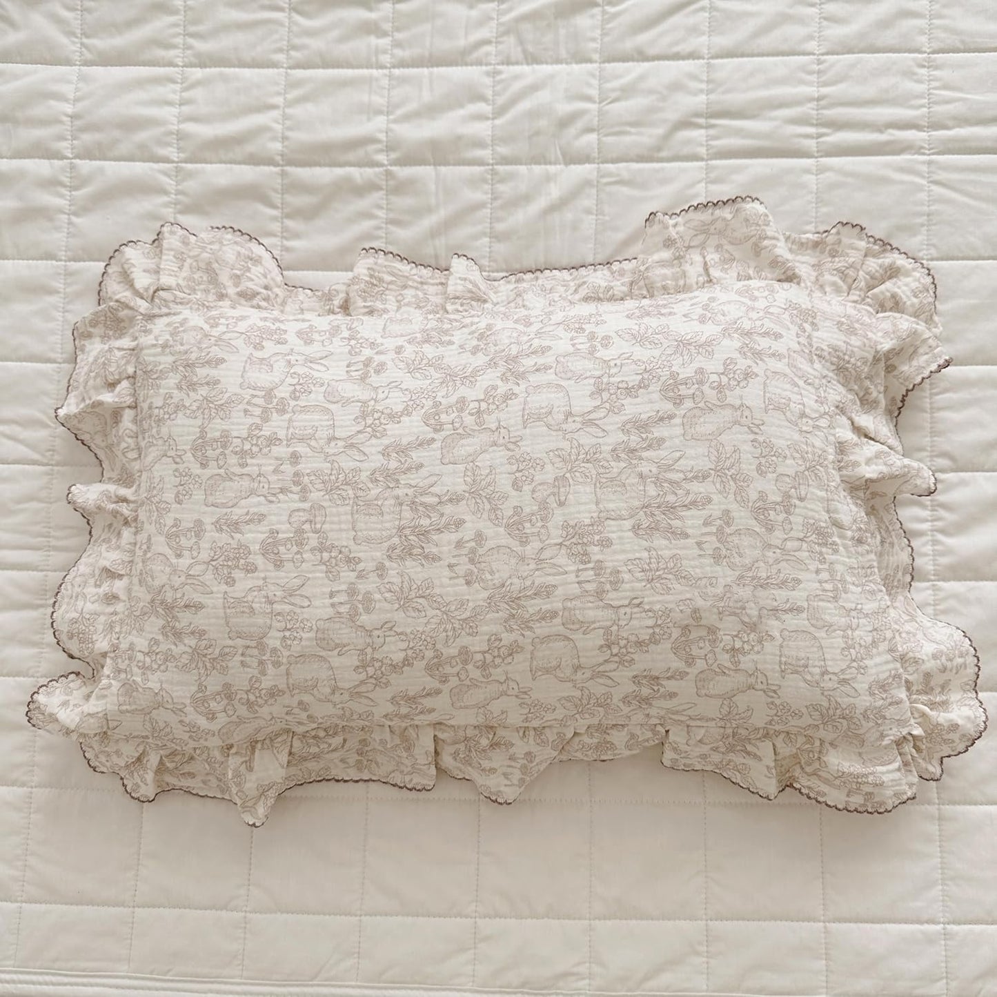 BuLuTu 100% Cotton Muslin Toddler Pillowcase with Ruffles Edges, Cute Rabbit Pattern Toddler Pillow Cover Soft Breathable Gauze Cotton Kids Pillow Cases for Boys,Girls, 1 Piece, 14"x20"