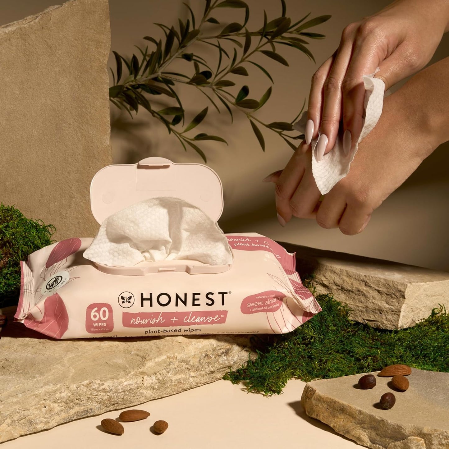 The Honest Company Nourish + Cleanse Naturally Scented Wipes | Cleansing Multi-Tasking Wipes | 99% Water, Plant Based, Hypoallergenic | Sweet Almond, 60 Count