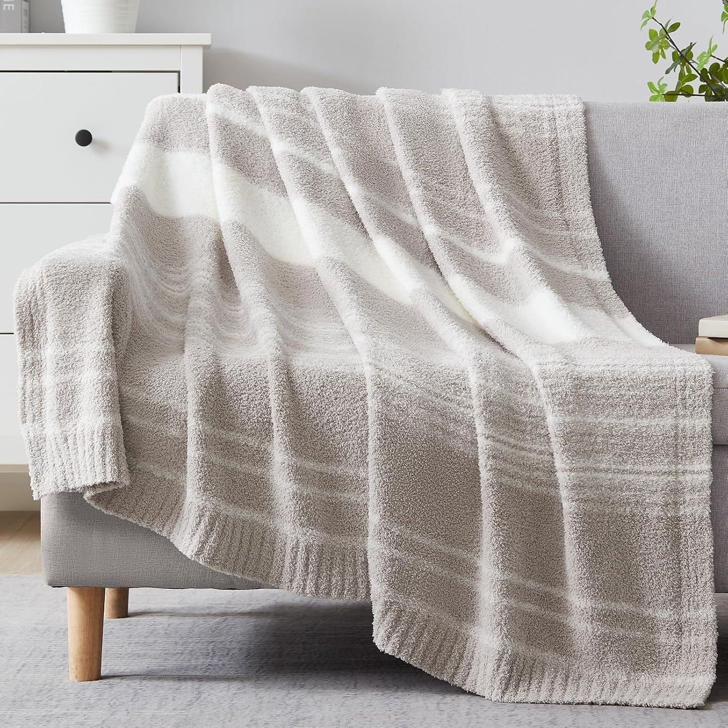 WRENGONGE Taupe Throw Blanket, 60x80 Soft Cozy Striped Throw Blankets for Couch, Sofa, Bed, Travel, Lightweight Fluffy Warm Plush Decorative Blankets for Women, Men,Kids Gift