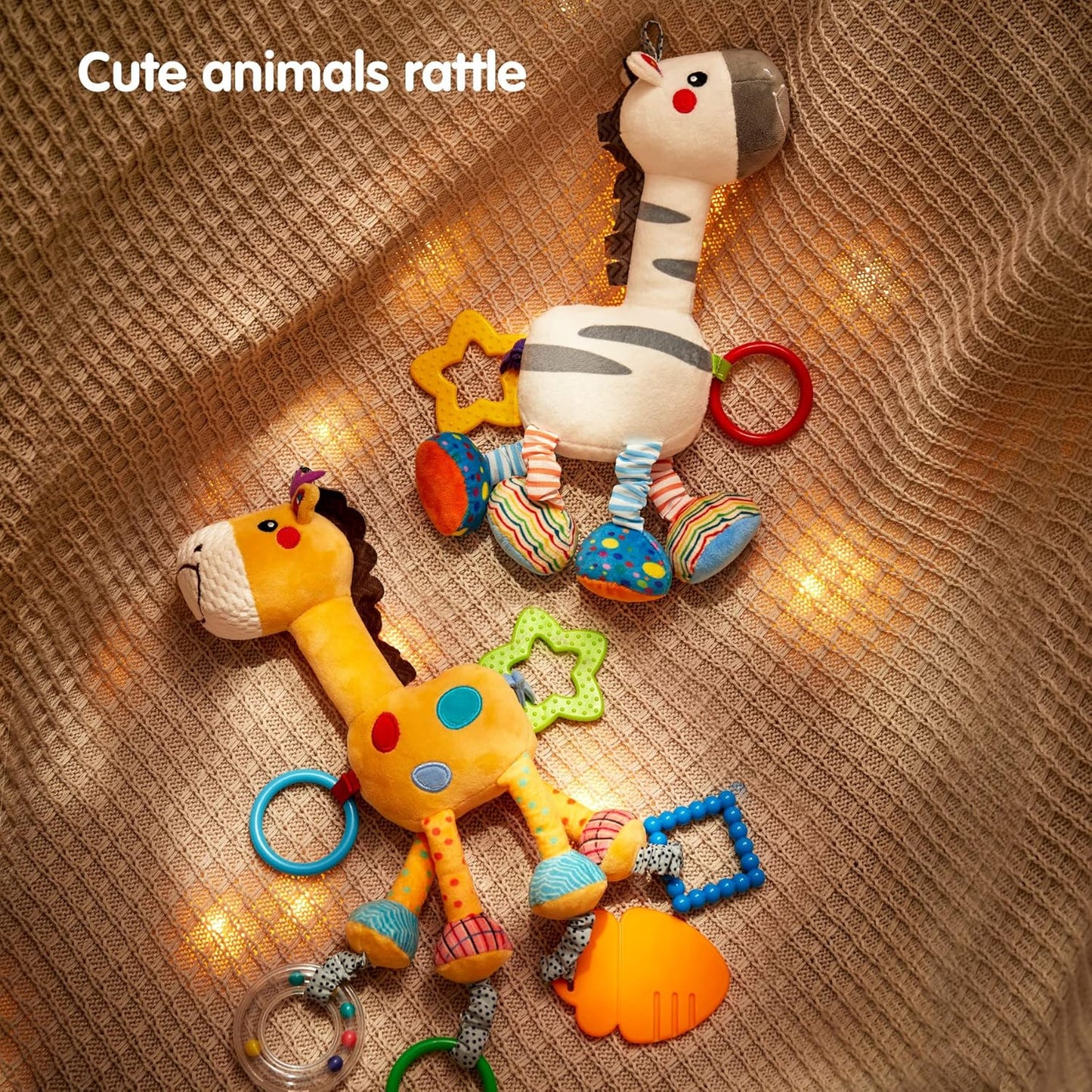 TUMAMA Hanging Toys, 16 inch Plush Animals Baby Rattle, Car Seat Stroller Toys, 2 Pack, Newborn - 12 Months, 2 x Plush Animal Hanging Toys (Giraffe, Zebra), Rings, Built-in Rattles and Crinkles
