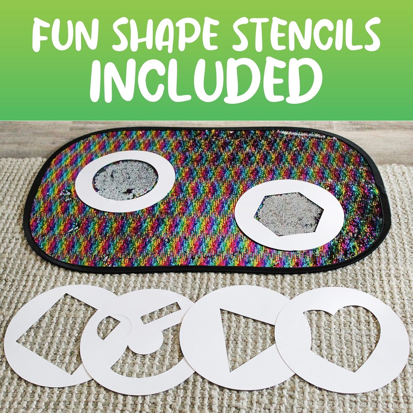 Reversible Sequins Wall Sensory Fun Toy W/ Shape Stencils & Travel Case, Jumbo Size 40 x 27 Inches