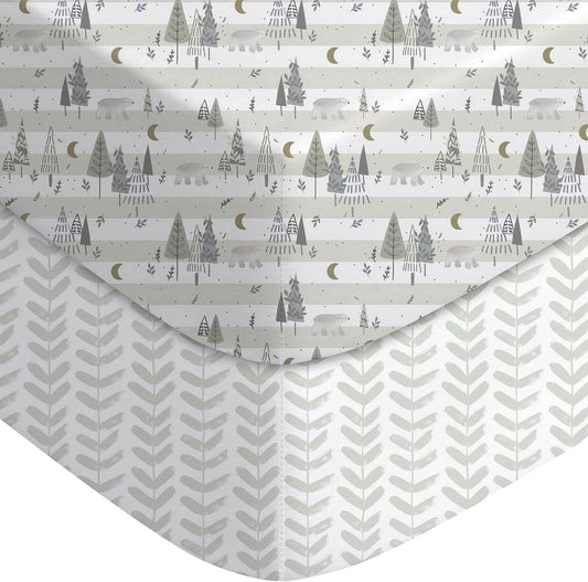 Yoofoss Baby Pack and Play Sheets 2 Pack for Boys and Girls - 38x26 Mini Crib Sheets Fitted Neutral Compatible with Graco Pack n Play Mattress,Ultra Soft Breathable Microfiber Forest Bear