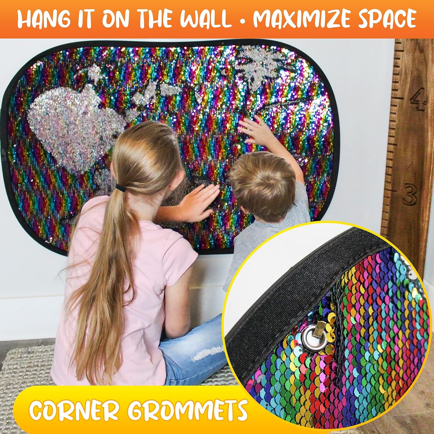 Reversible Sequins Wall Sensory Fun Toy W/ Shape Stencils & Travel Case, Jumbo Size 40 x 27 Inches