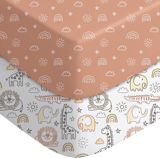 Yoofoss Baby Pack and Play Sheets 2 Pack for Boys and Girls - 38x26 Mini Crib Sheets Fitted Neutral Compatible with Graco Pack n Play Mattress,Ultra Soft Breathable Microfiber Animal World