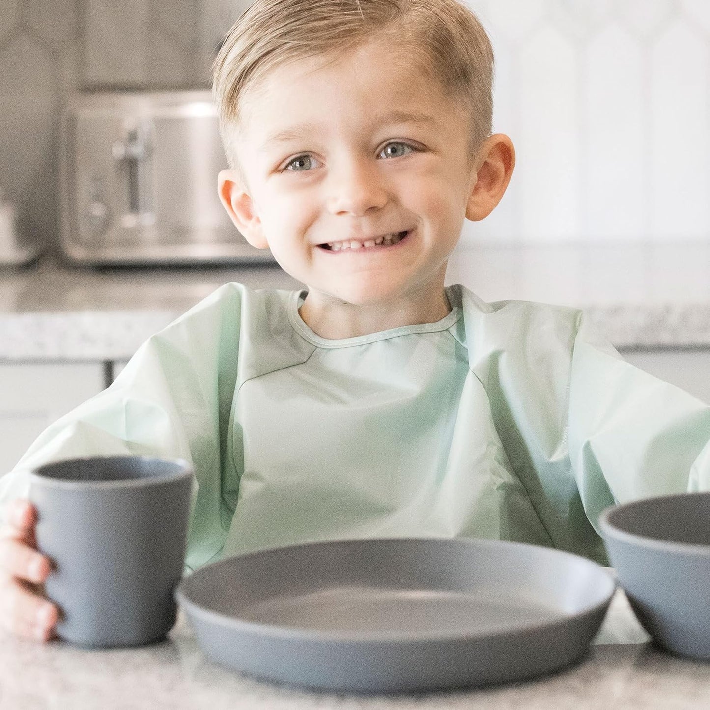 Tiny Twinkle Mess Proof Baby Bibs, 2pk Waterproof Smock Baby Bibs for Eating, Machine Washable Long Sleeve Bibs, Baby Led Weaning, Toddler Bibs, BLW Supplies (Sage Charcoal, Large 2-4 Years)