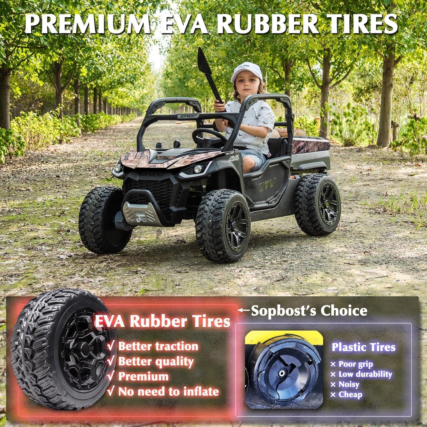 sopbost 24V 10Ah Ride On Toys for Big Kids to Drive 2 Seater Ride On Car with Remote Control Battery Powered Side by Side UTV with Large Dump Bed, 4x75W Motors, Camouflage Black
