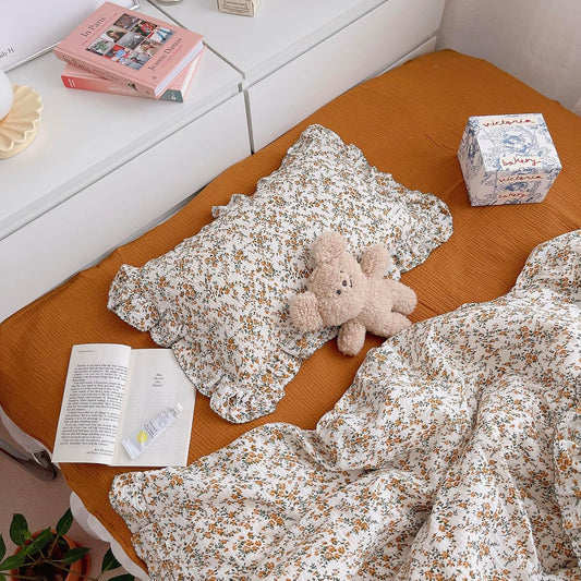 BuLuTu Cotton Muslin Ruffle Edge with Hibiscus Flowers Kids Toddler Pillowcase Soft Travel Pillow Nursery Pillowcase for Boys,Girls,Bedding Decor Machine Washable, Durable Pillowcase,1 Piece,Standard