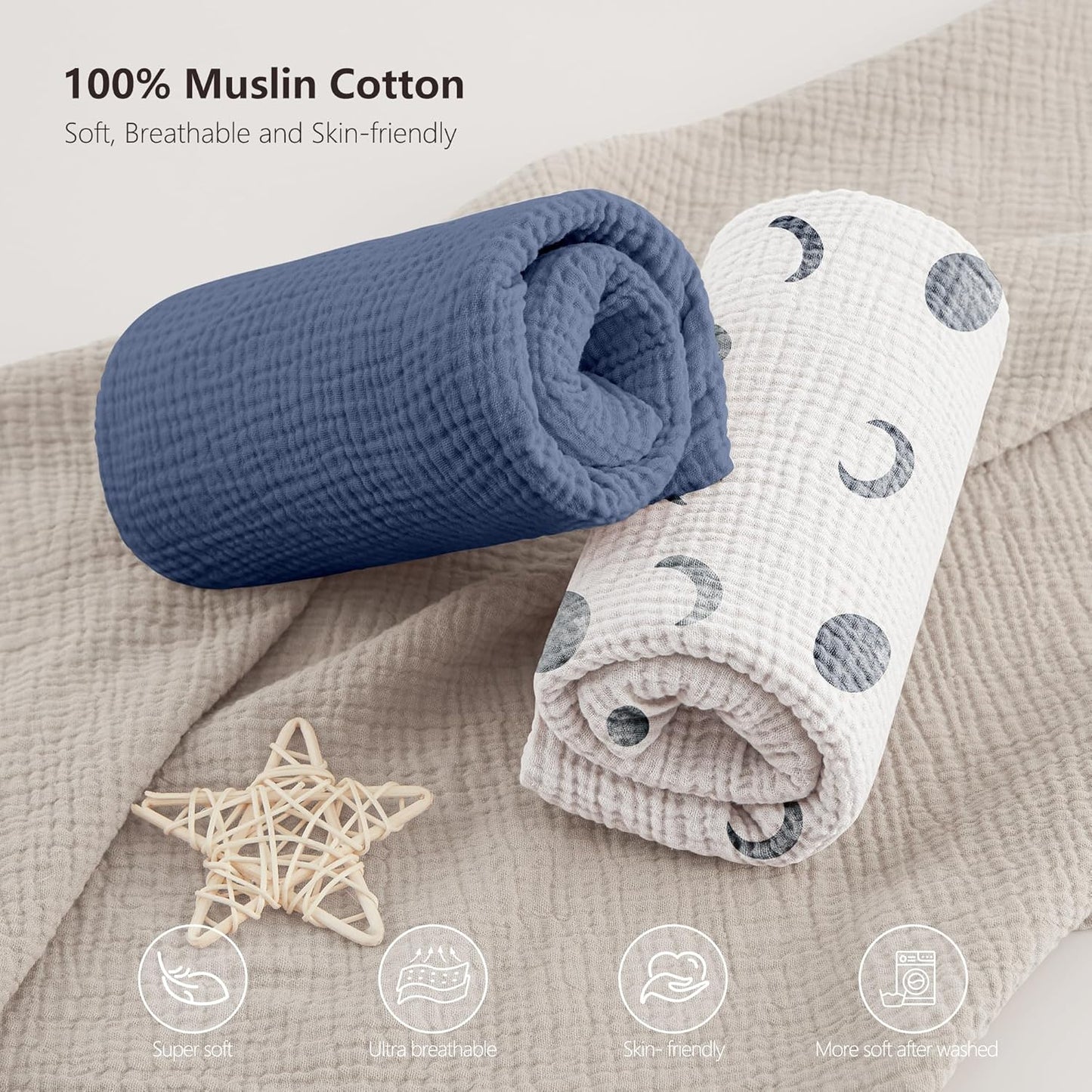 Bearmoss Muslin Mini Crib Sheets for Pack N Play Mattress - 100% Cotton - 38"x24" Soft Breathable Playard Baby Crib Sheets Neutral for Boys Girls - 2 Pack (Blue Crescent)