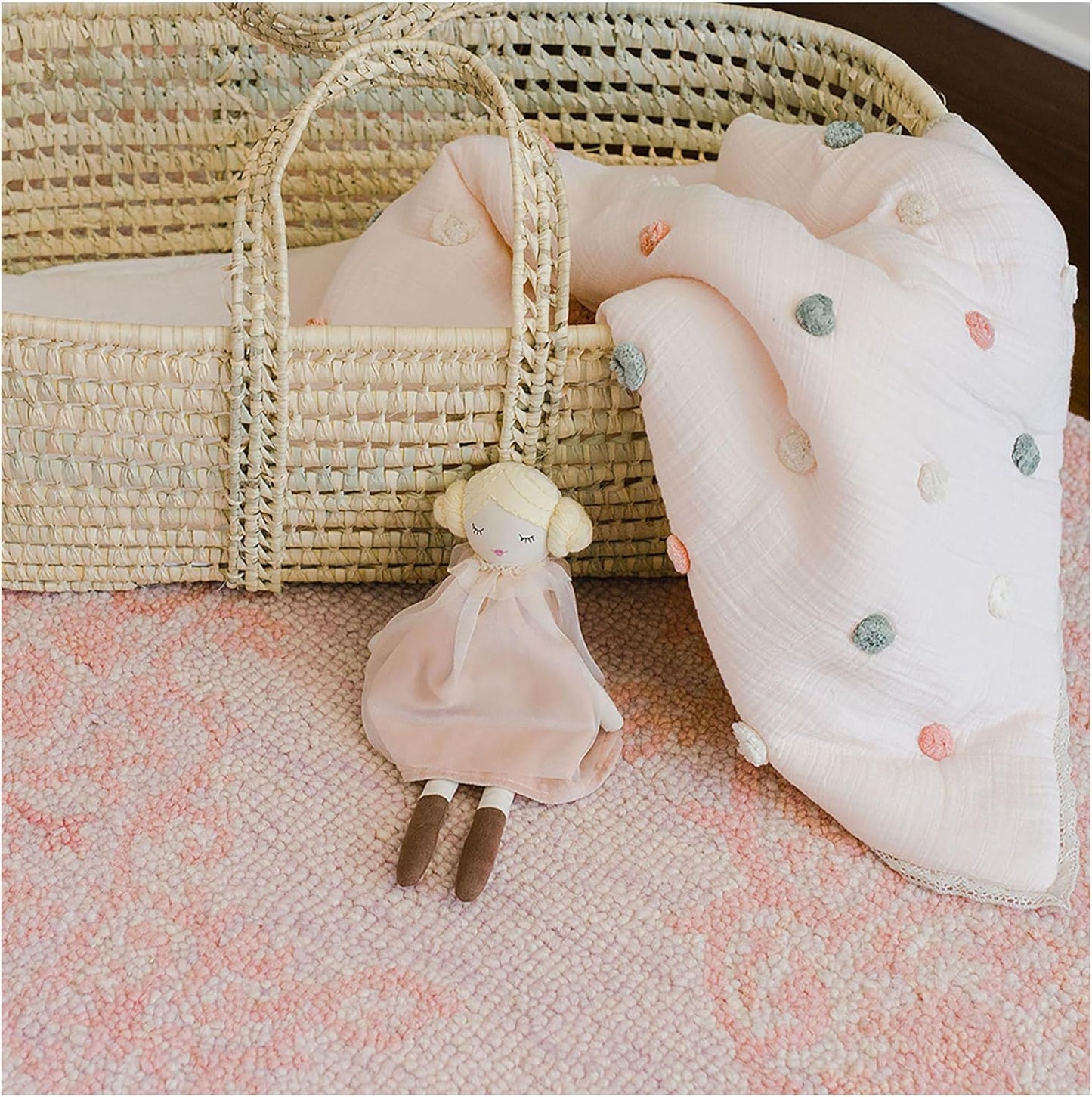 Crane Baby Soft Cotton Muslin Nursery Blanket with Pom Pom Trim, 36" X 36", Stroller Blanket for Girls, Pink Nursery Decor, for Girls, 100% Cotton, Polka Dot
