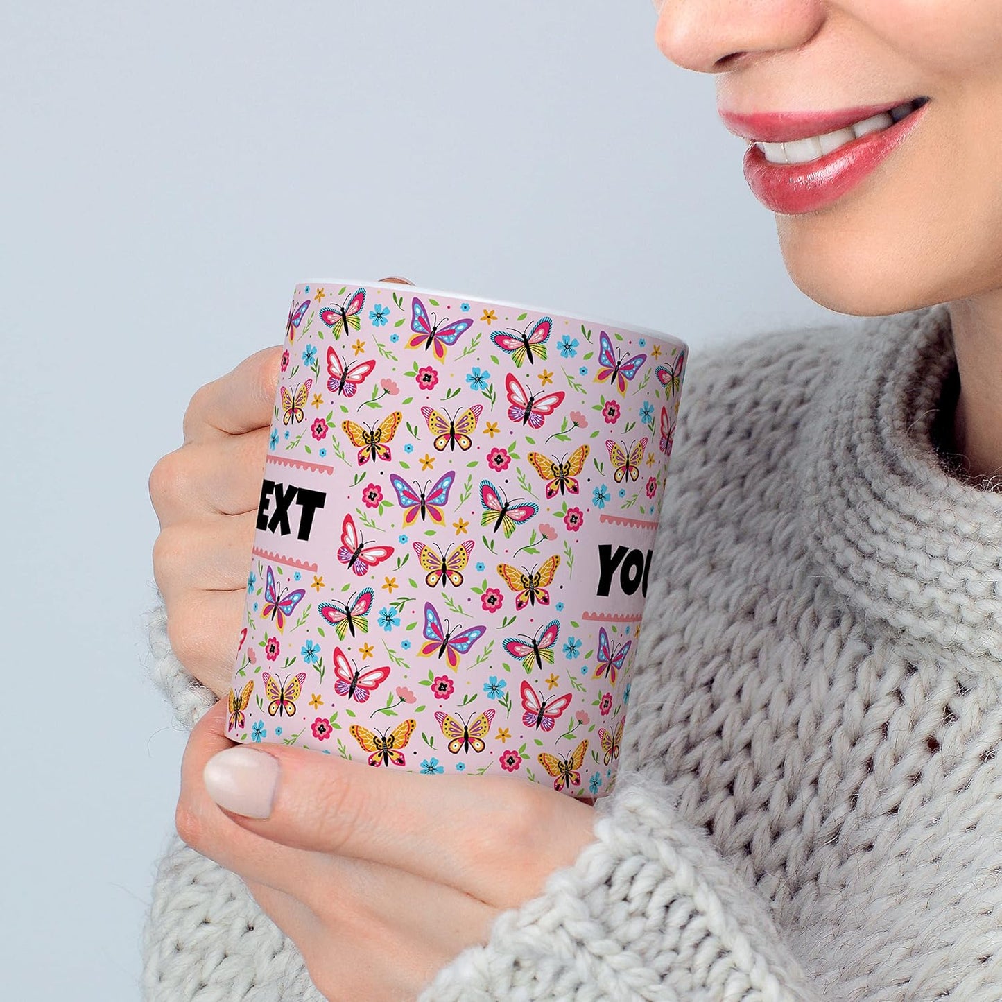 Personalized Mug for Kids - Butterflies - Custom Name/Text, Ceramic Hot Chocolate/Cocoa/Coffee Cup for Girls, Birthday/Christmas/Holiday Gift - 15 oz, Navy Blue Handle